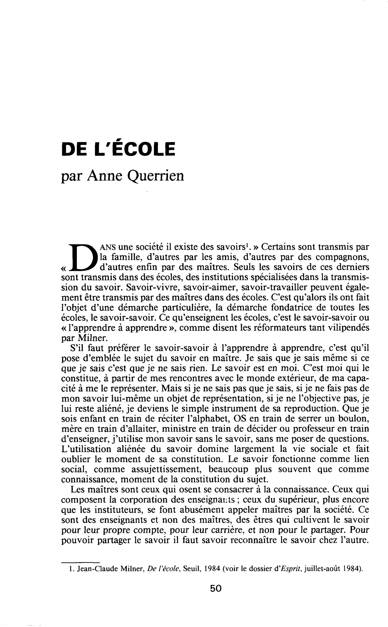 DE L’ÉCOLE