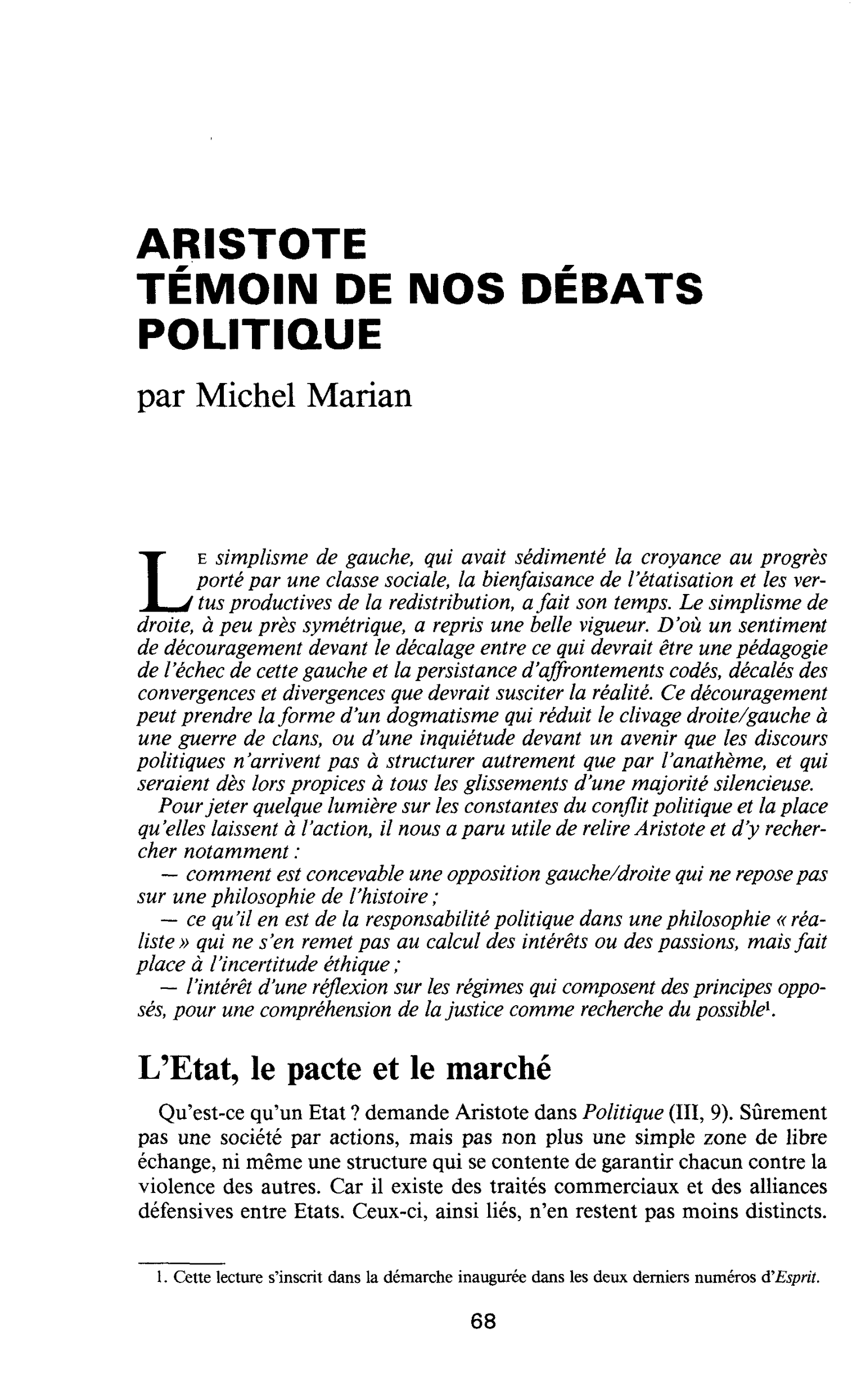 ARISTOTE TÉMOIN DE NOS DÉBATS POLITIQUE