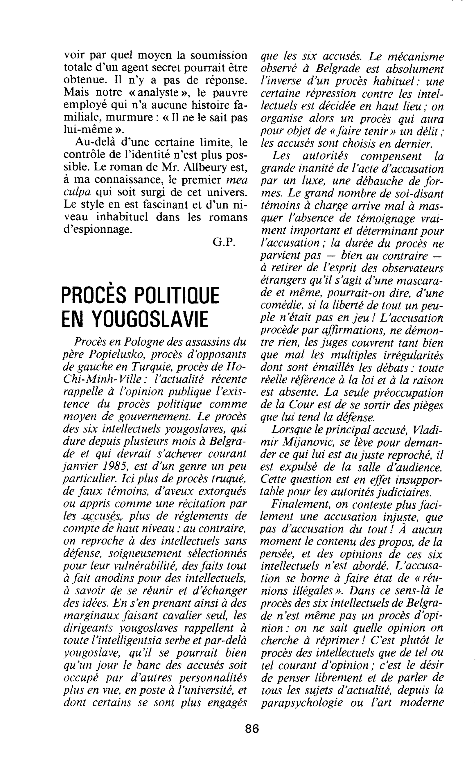 PROCÈS POLITIQUE EN YOUGOSLAVIE