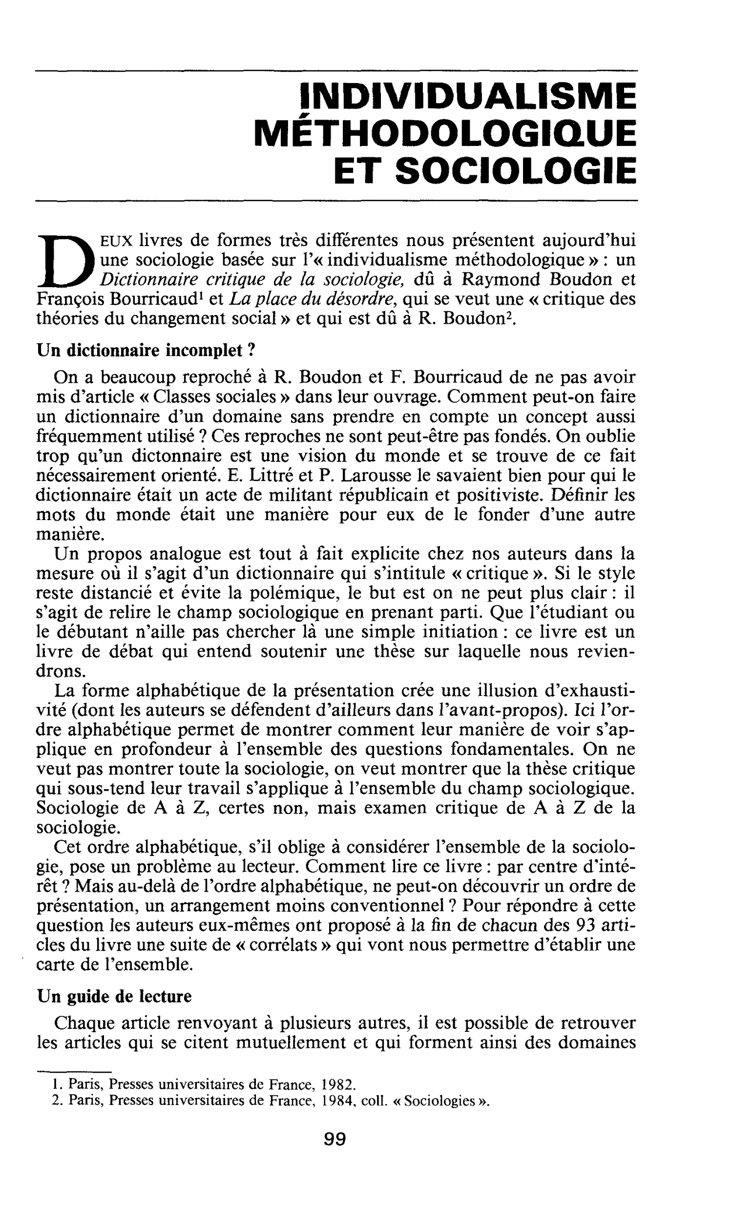 INDIVIDUALISME MÉTHODOLOGIQUE ET SOCIOLOGIE