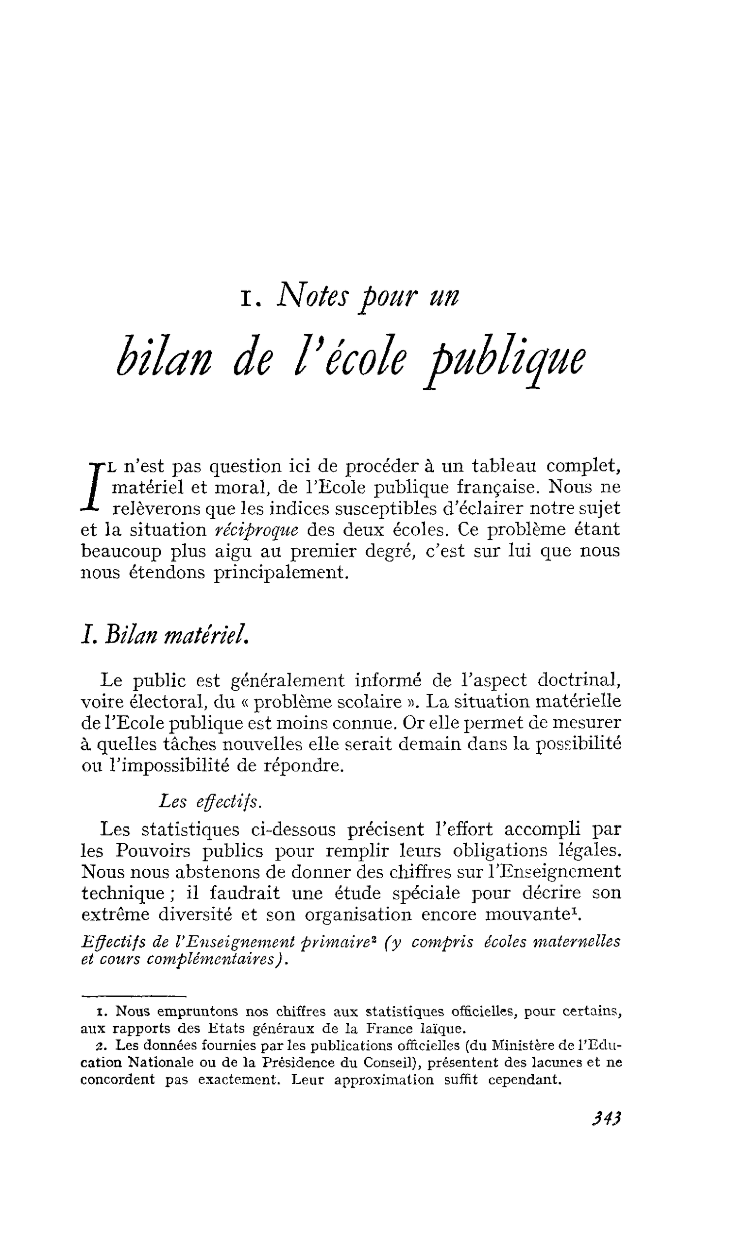 I. Notes pour un bilan de l’école publique