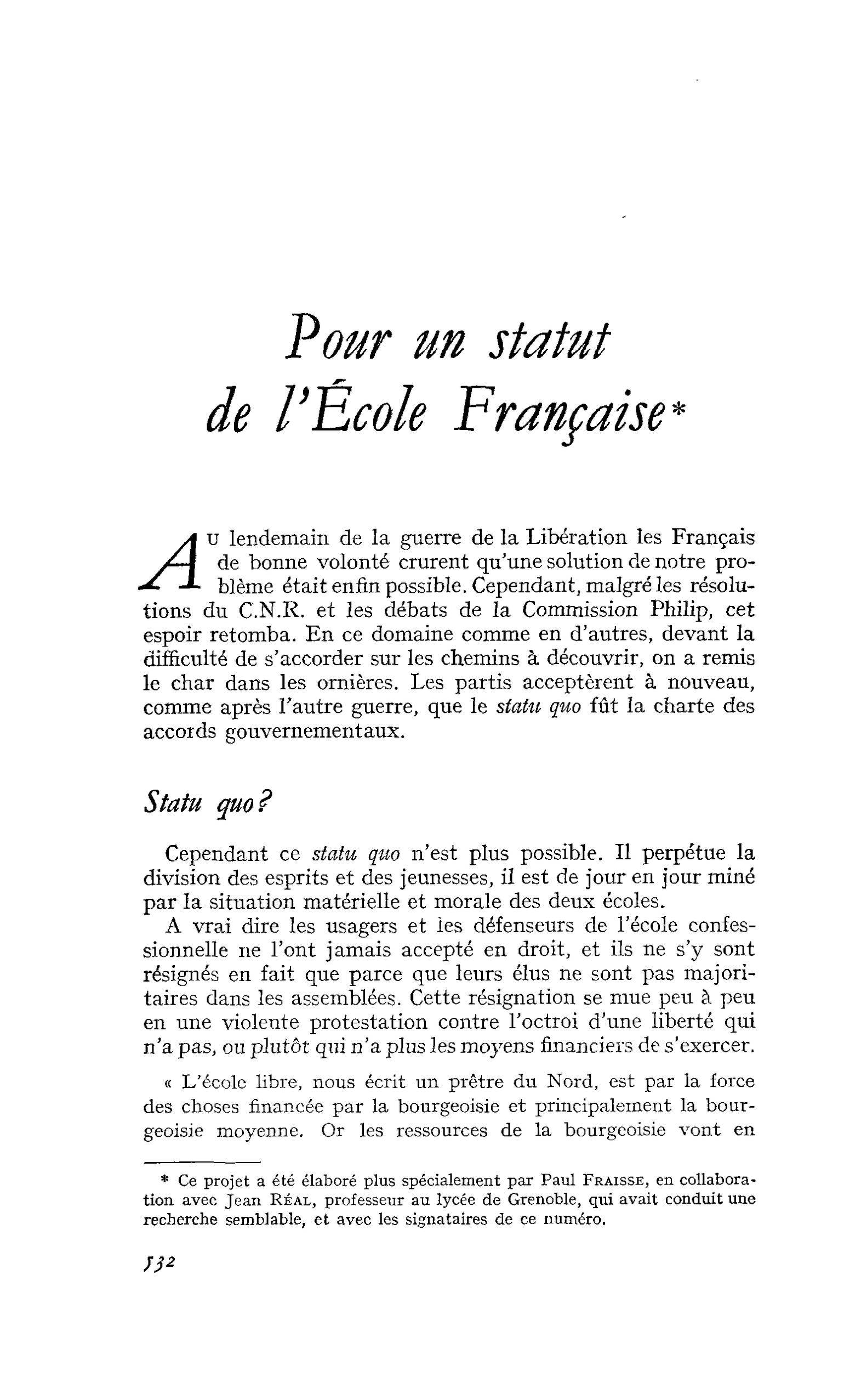 Pour un statut de l’École Française