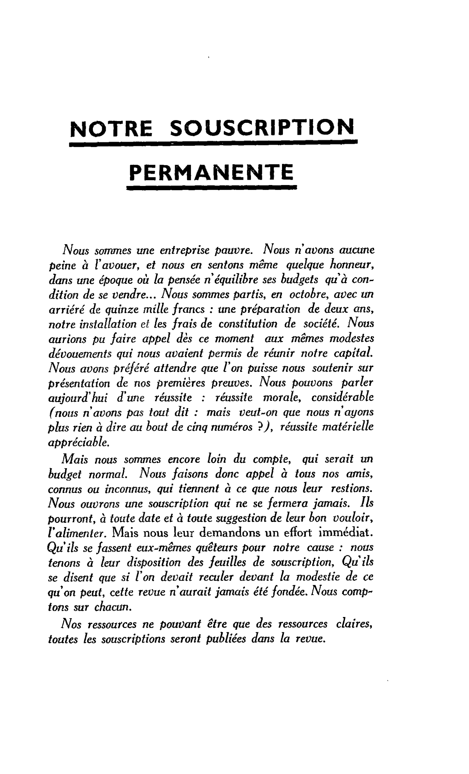 NOTRE SOUSCRIPTION PERMANENTE