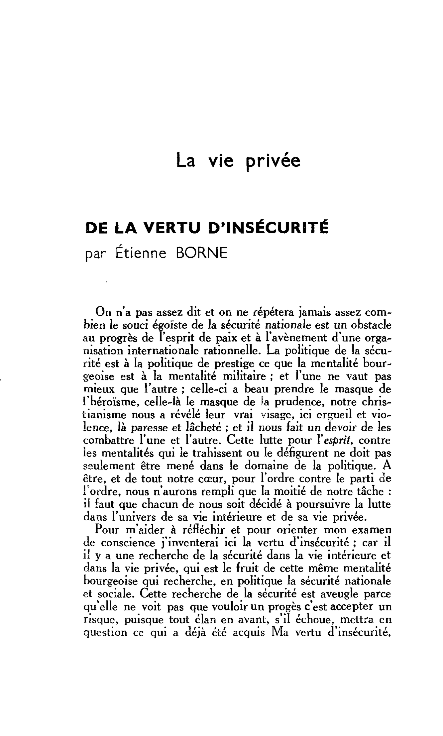 DE LA VERTU D’INSÉCURITÉ
