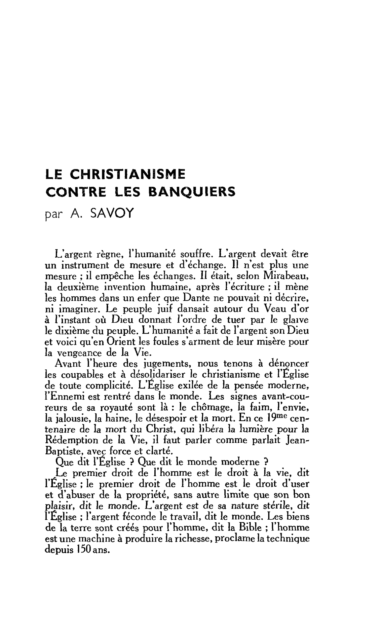 LE CHRISTIANISME CONTRE LES BANQUIERS