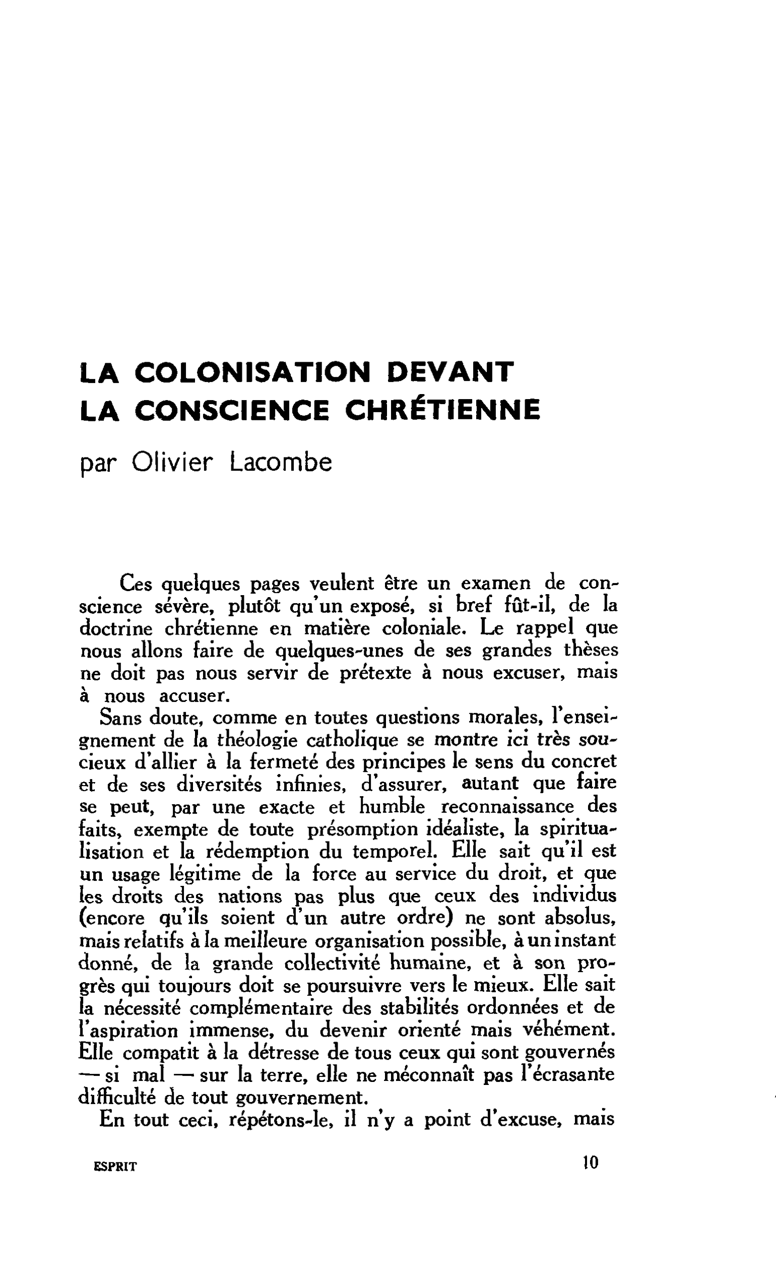 LA COLONISATION DEVANT LA CONSCIENCE CHRÉTIENNE
