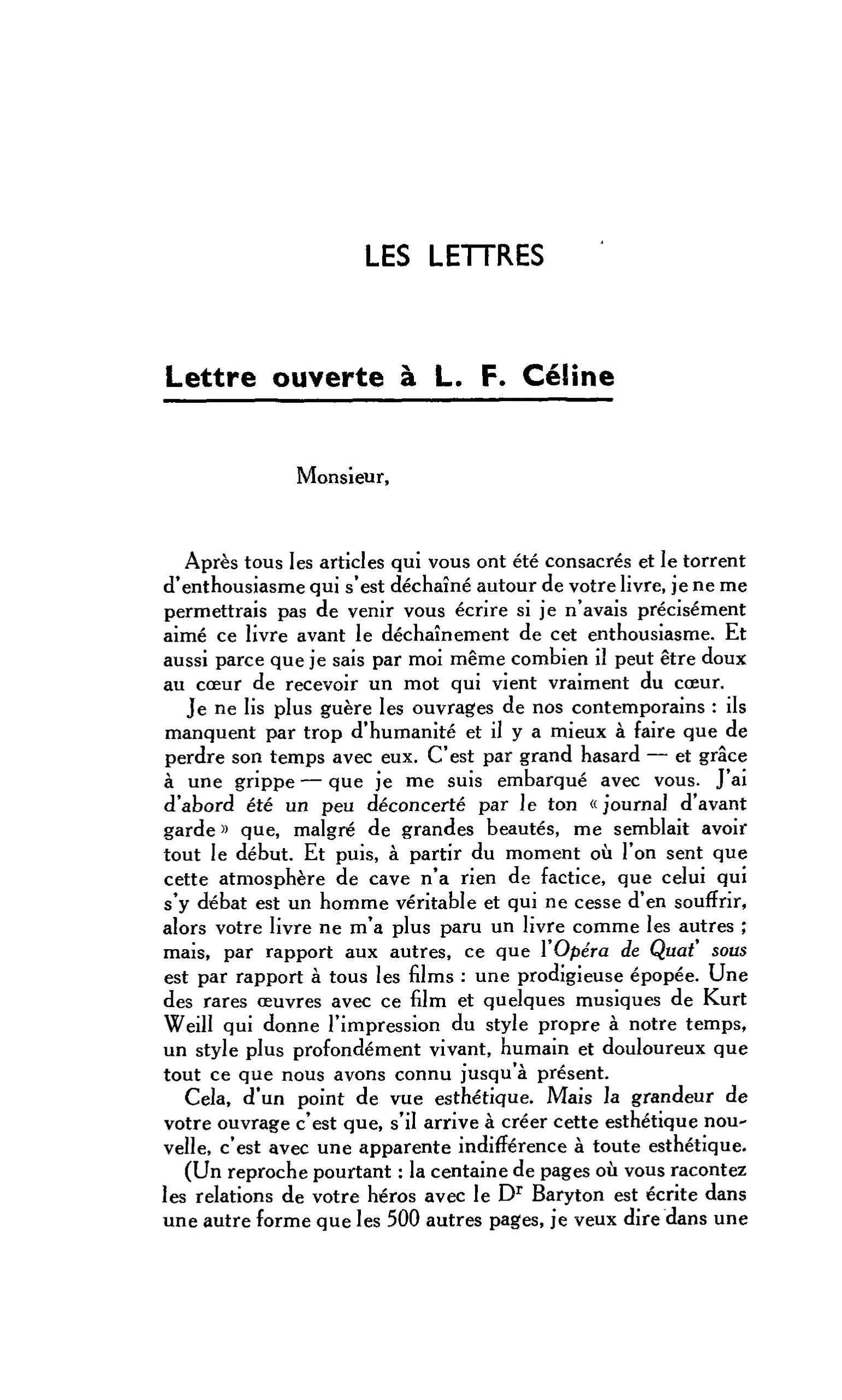 LES LETTRES : Lettre ouverte à L. F. Céline