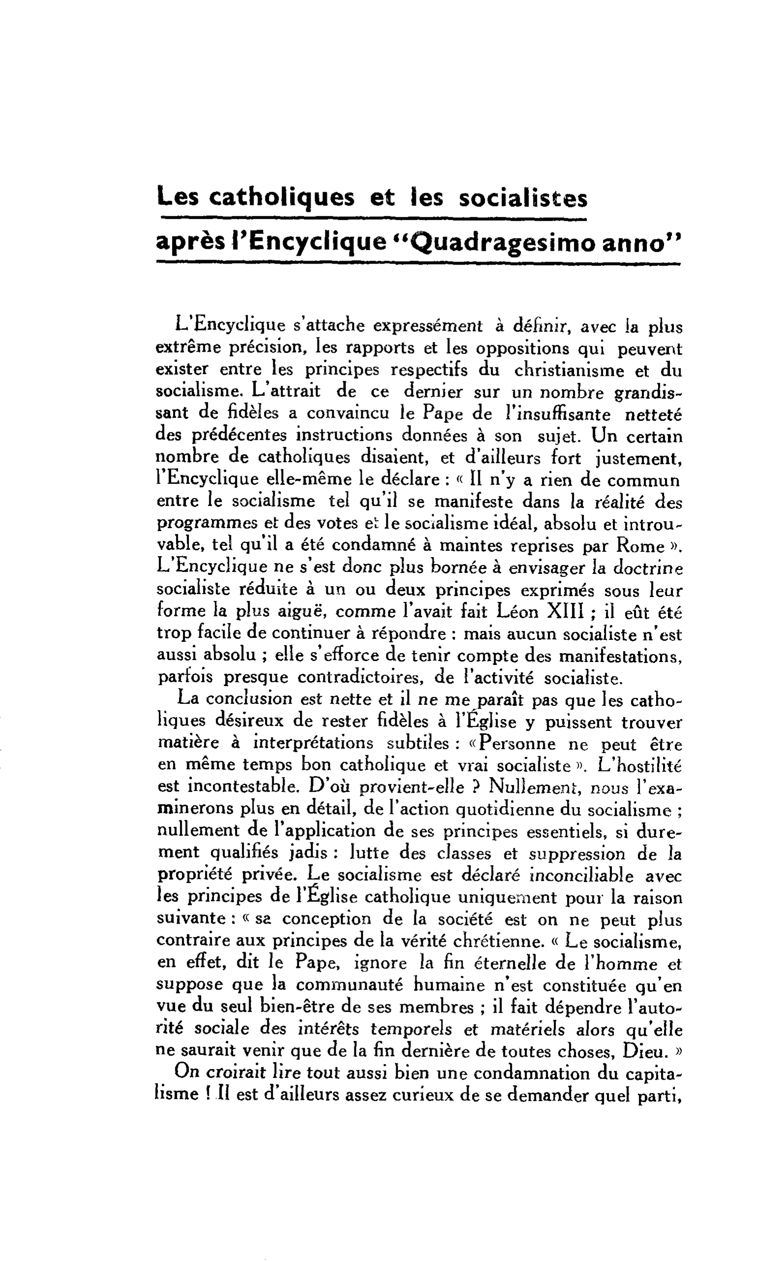 LA CITE : Les catholiques et les socialistes après l’Encyclique ’Quadragesimo anno’