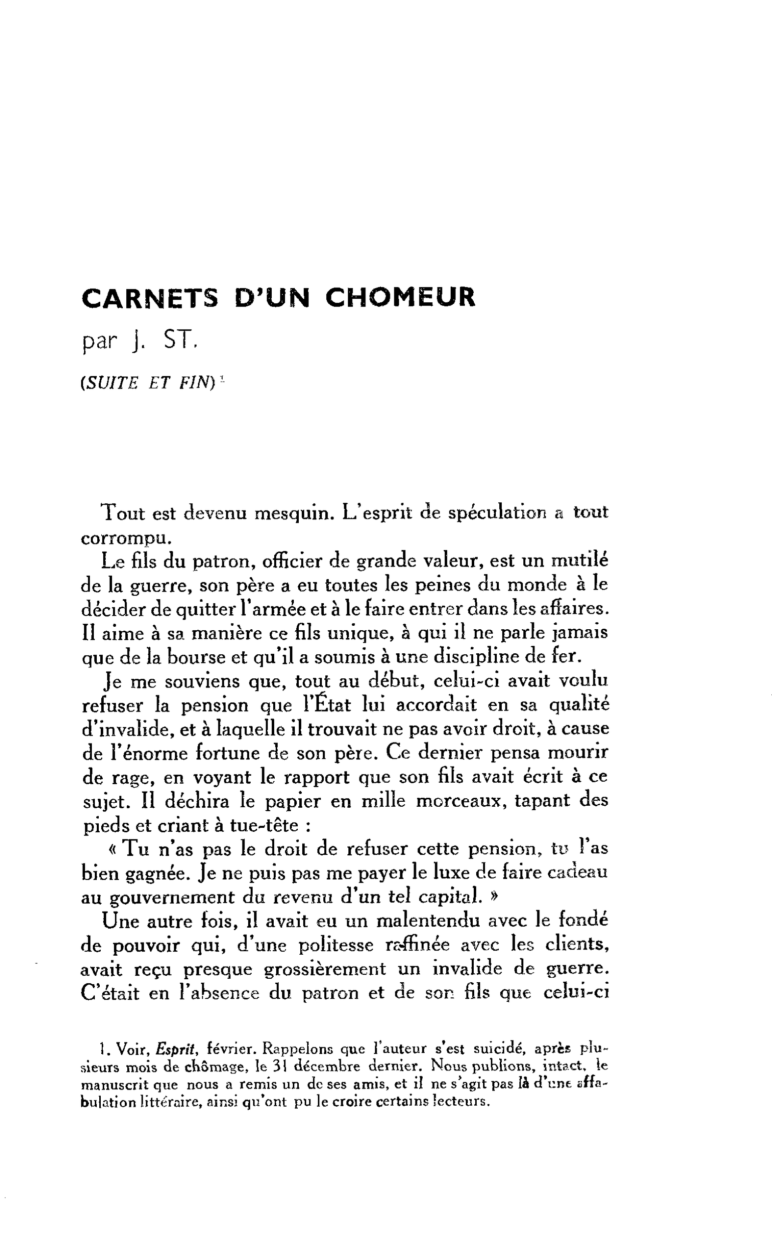 CARNETS D’UN CHOMEUR (SUITE ET FIN)