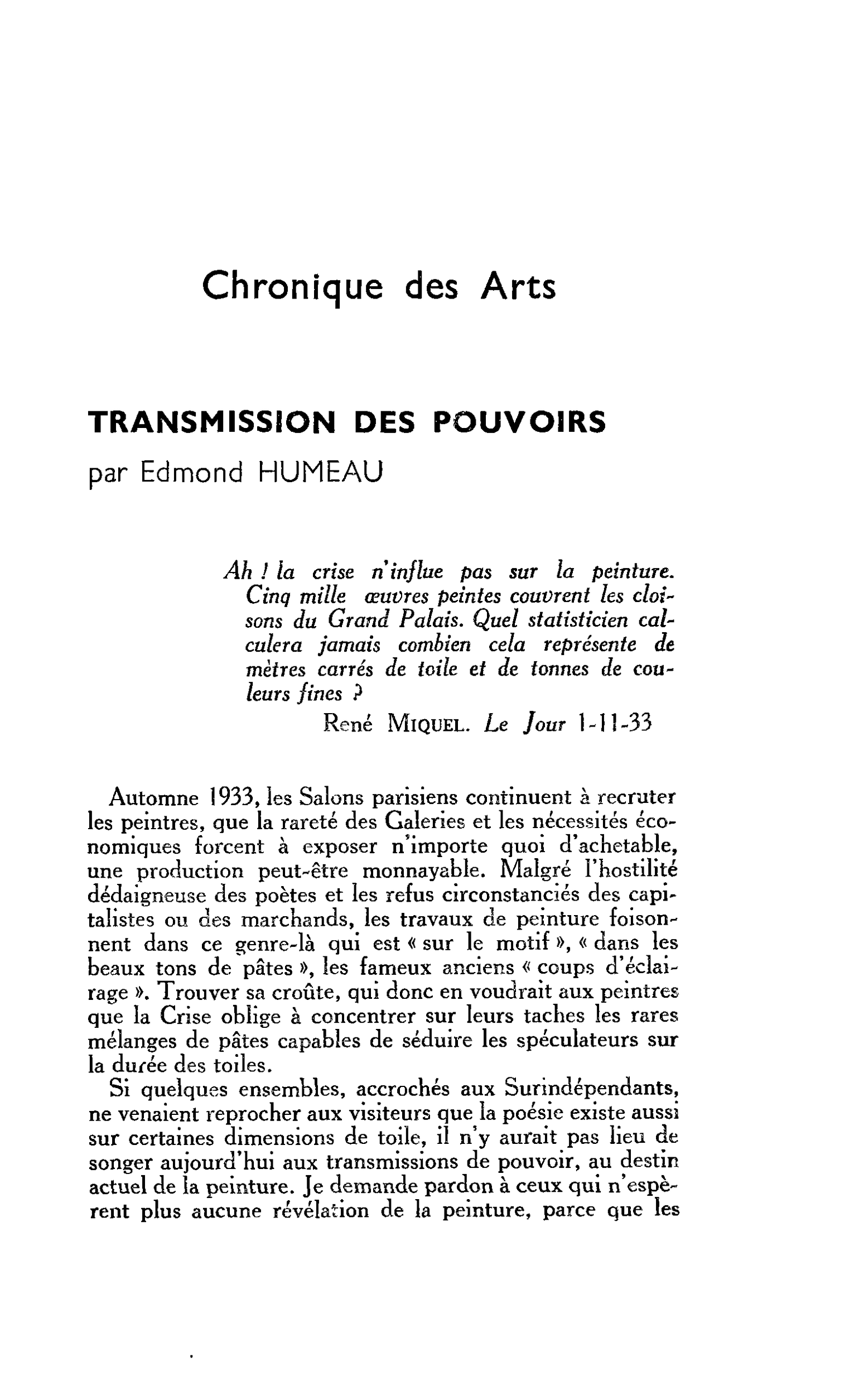 Chronique des Arts. TRANSMISSION DES POUVOIRS