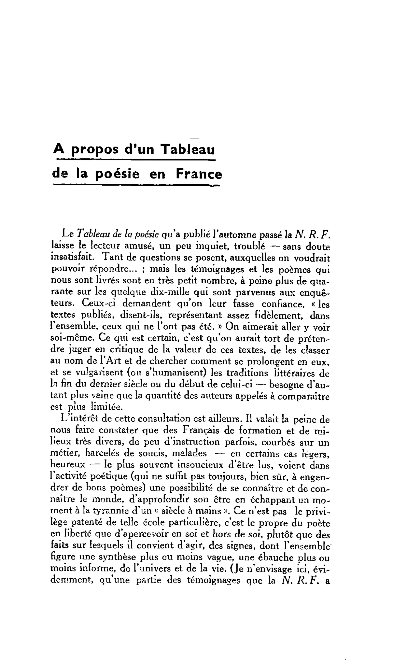 LES LETTRES : A propos d’un Tableau de la poésie en France