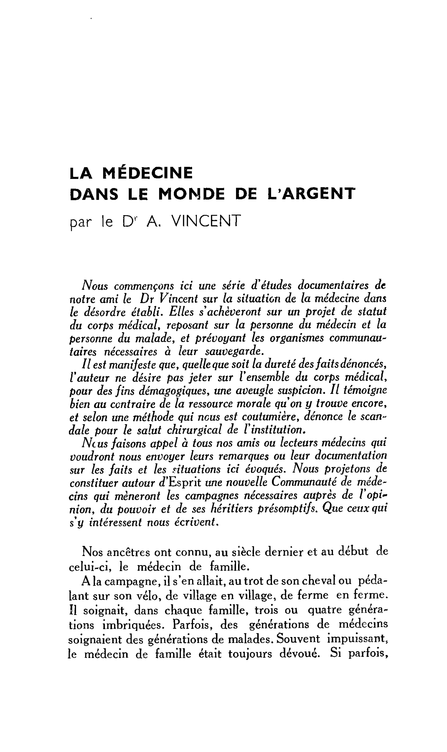 LA MÉDECINE DANS LE MONDE DE L’ARGENT