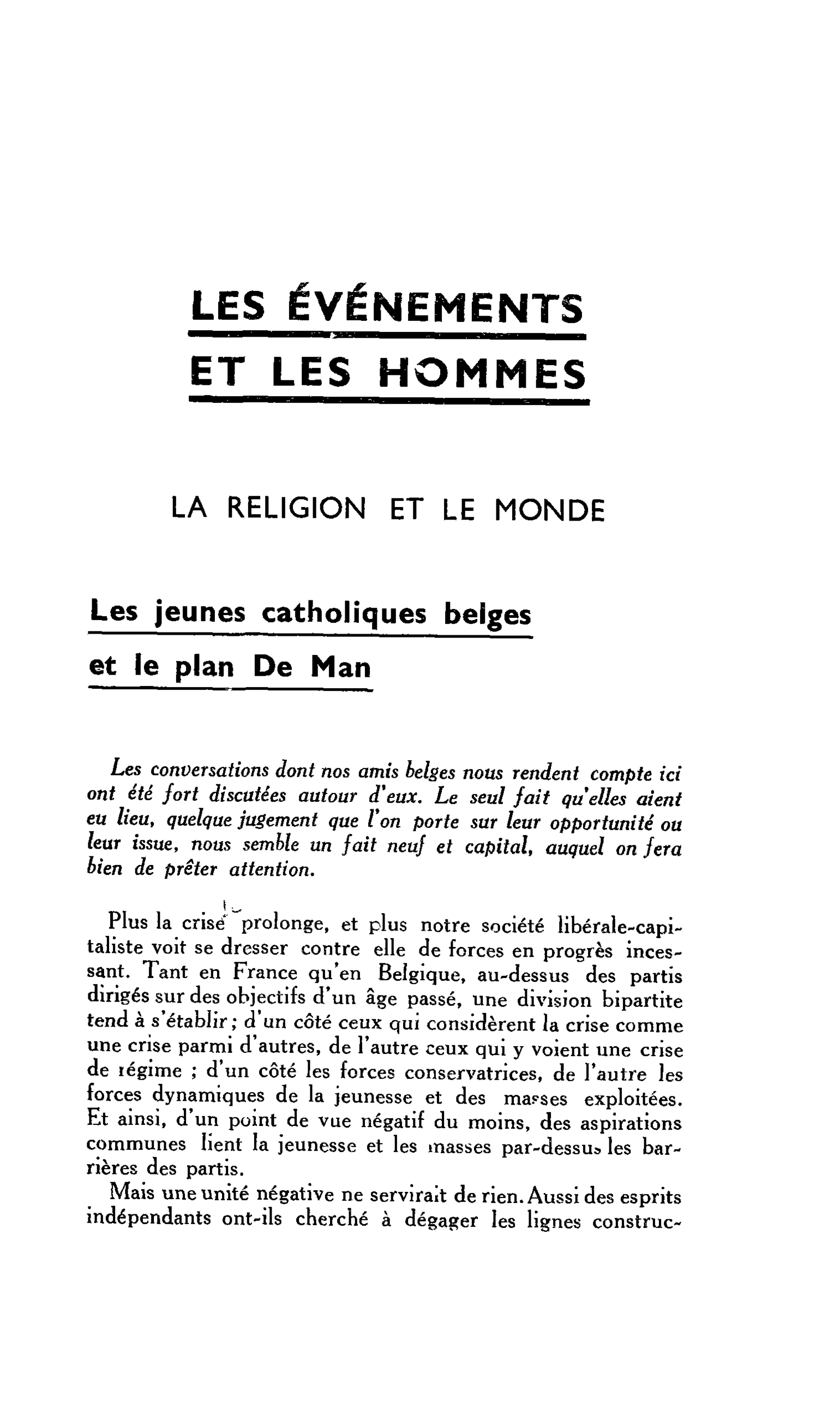 LA RELIGION ET LE MONDE. Les jeunes catholiques belges et le plan De Man