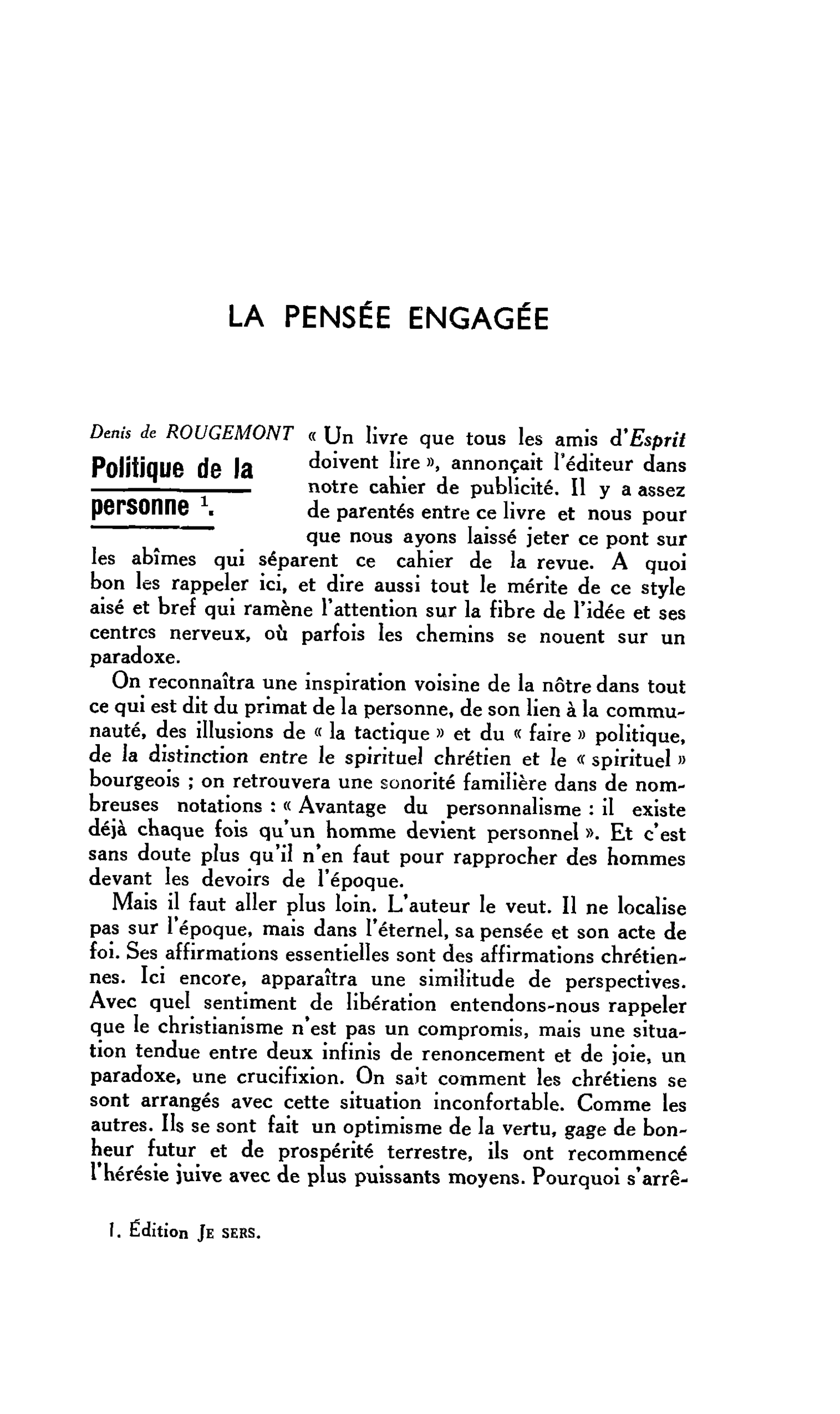 LA PENSÉE ENGAGÉE : Denis de ROUGEMONT. Politique de la personne