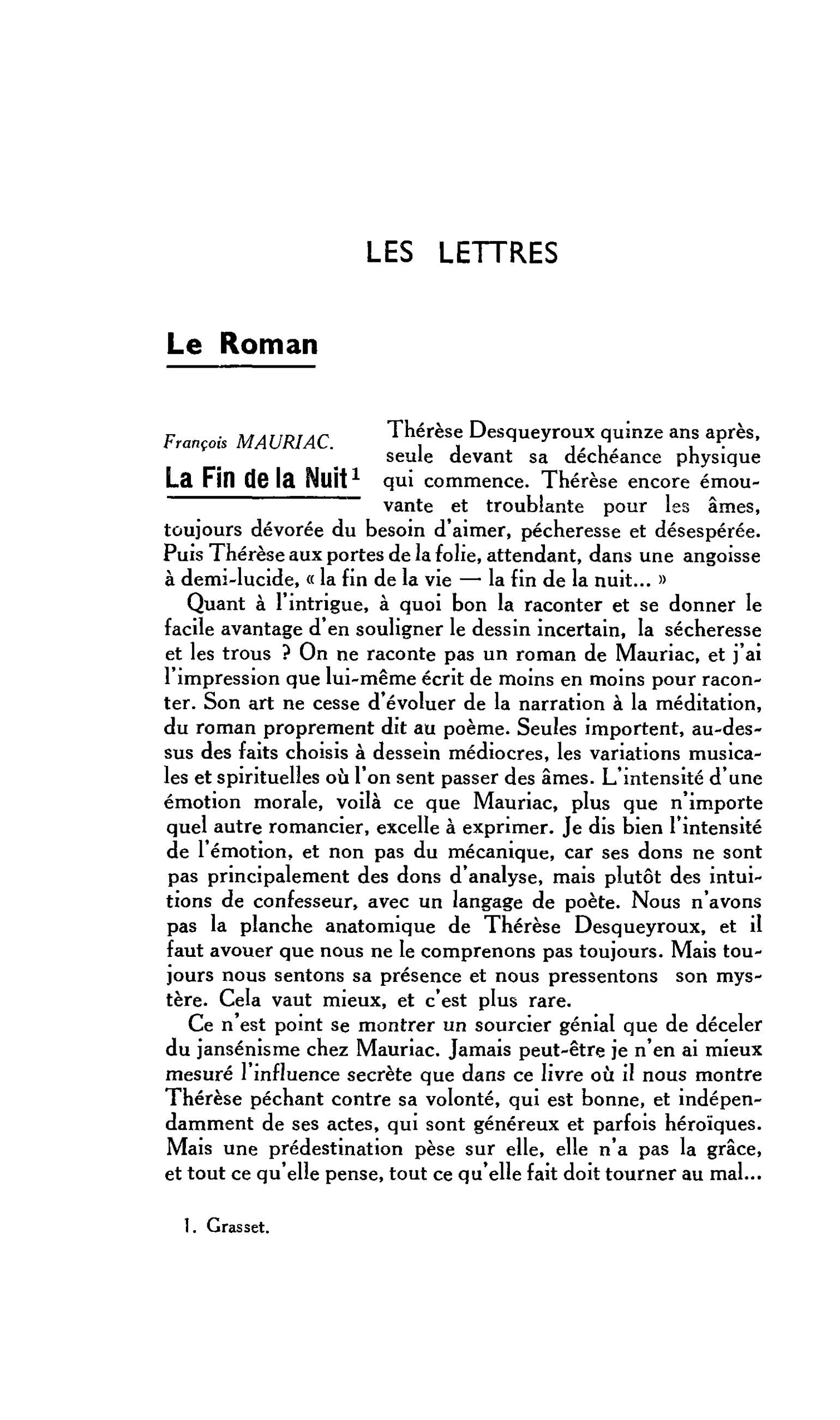 LES LETTRES : Le Roman François MAURIAC. La Fin de la Nuit