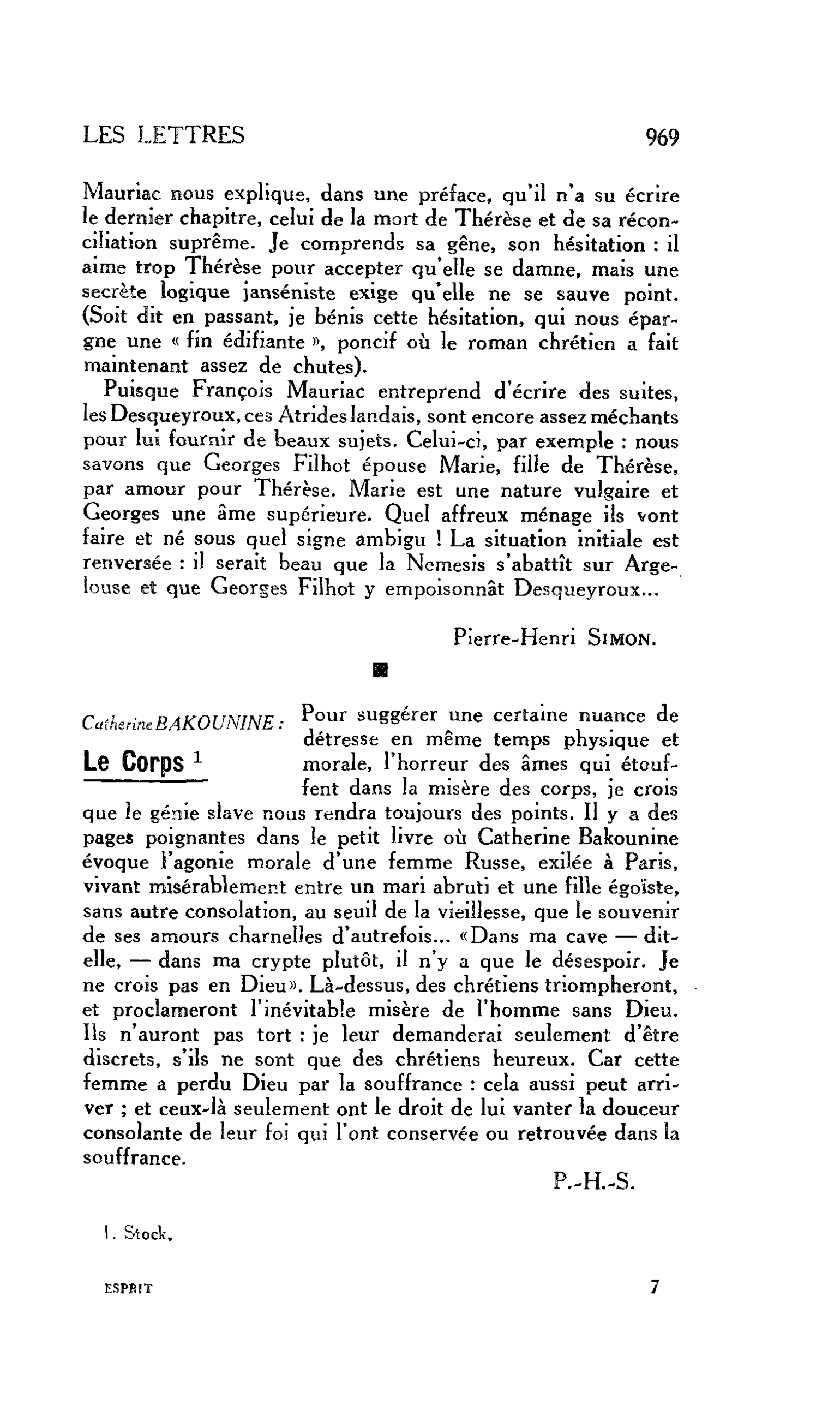 LES LETTRES : Catherine BAKOUNINE : Le Corps
