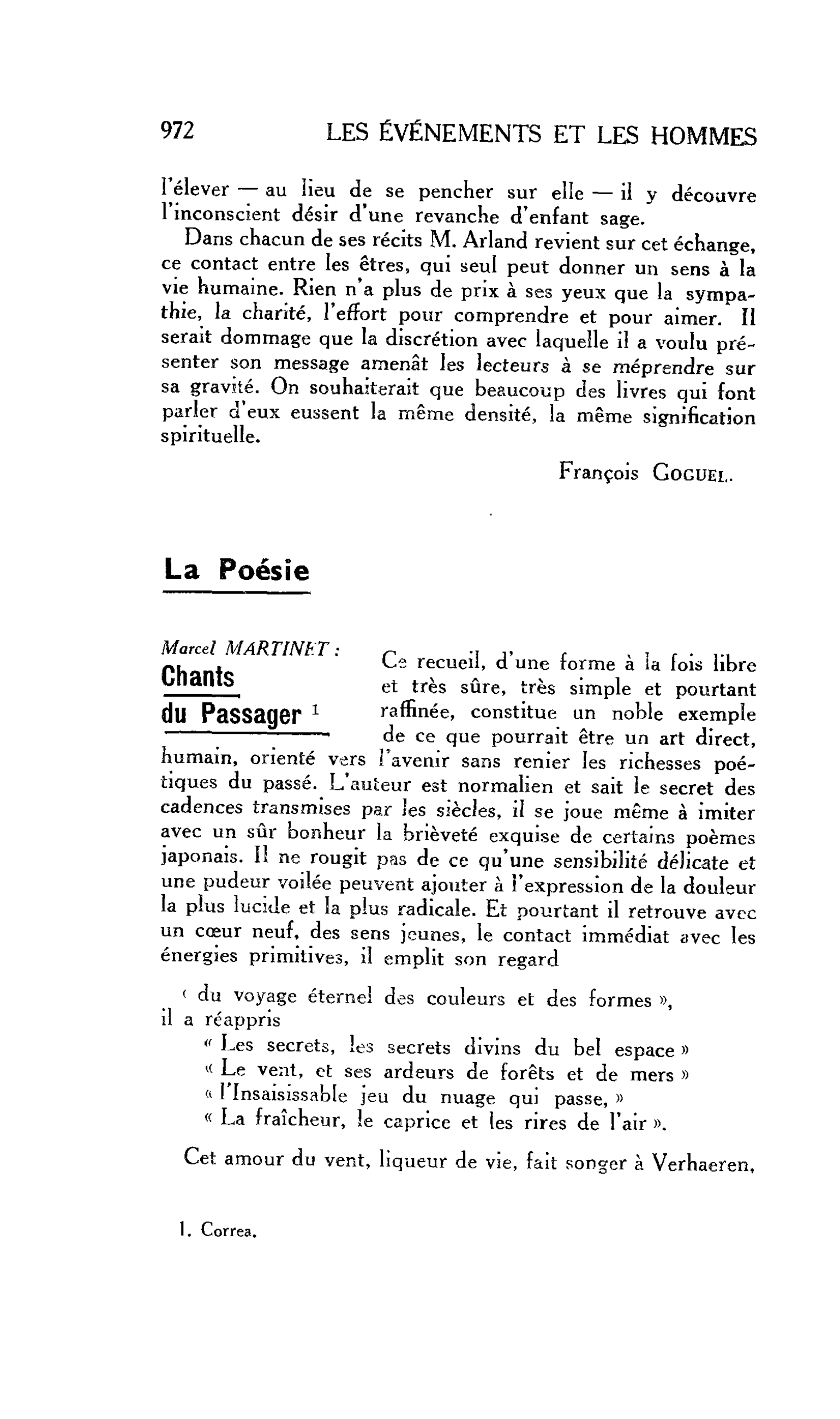LES LETTRES : La Poésie Marcel MARTINET : Chants du Passager