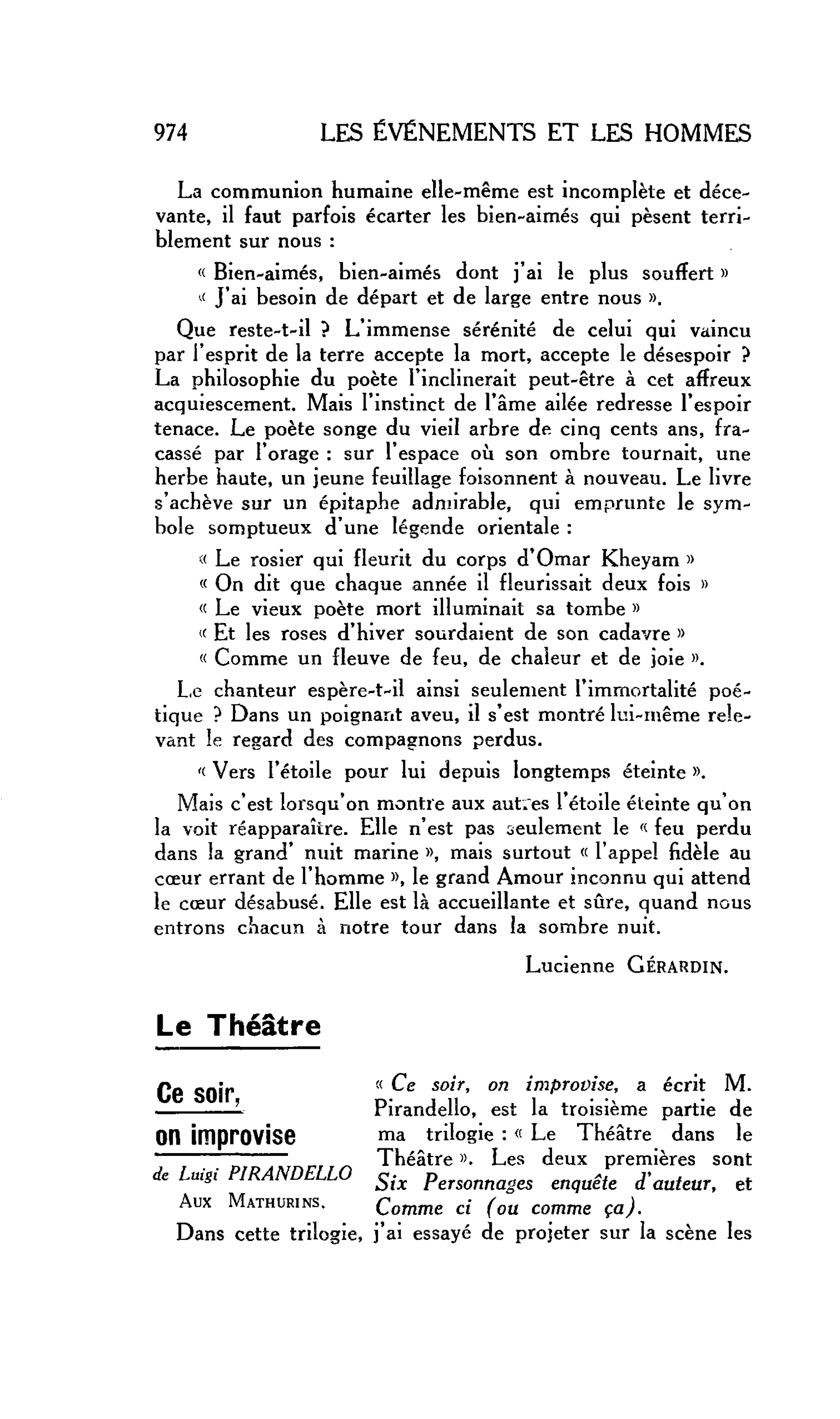 LES LETTRES : Le Théâtre Ce soir, on improvise de Luigi PIRANDELLO Aux Mathurins