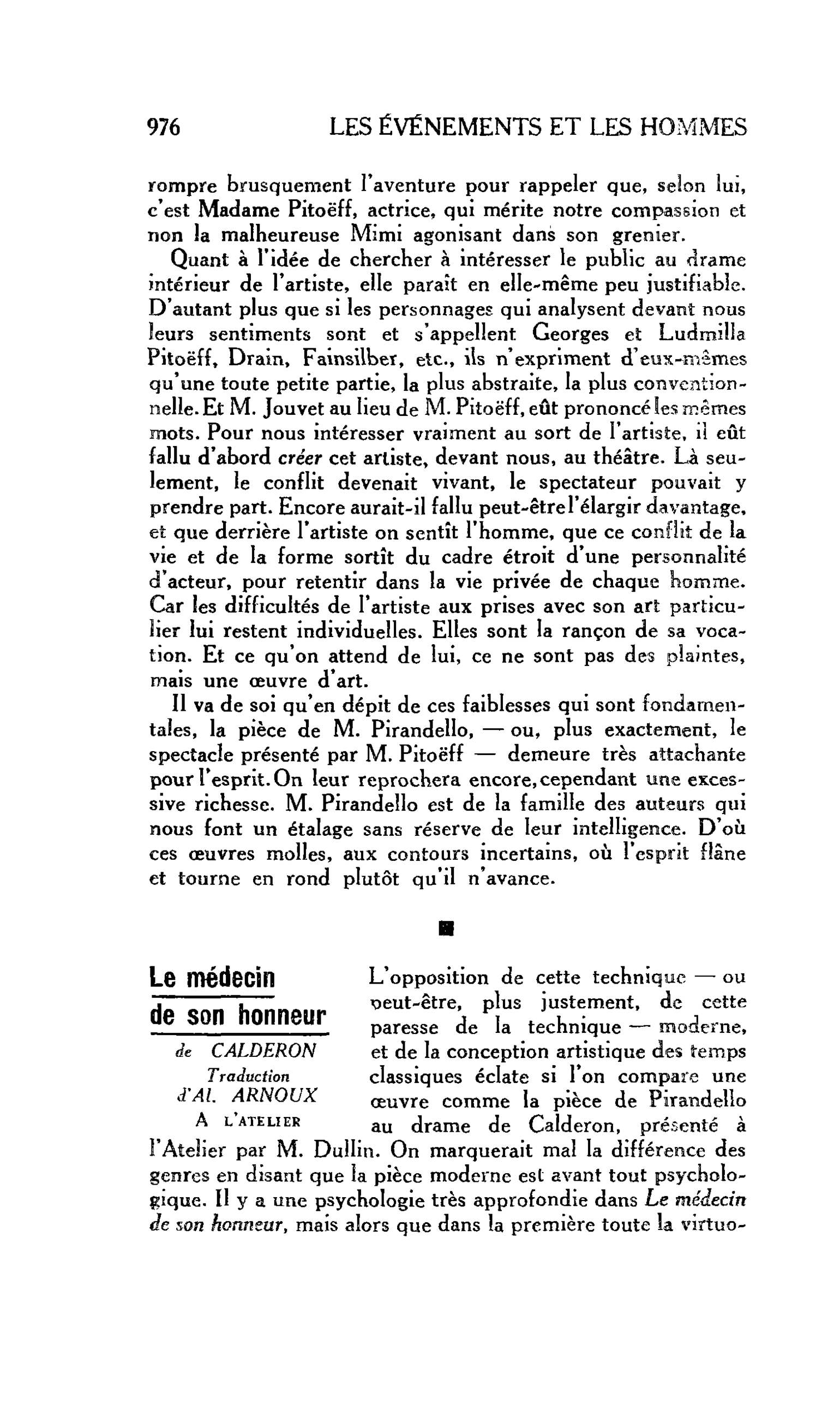 LES LETTRES : Le médecin de son honneur de CALDERON