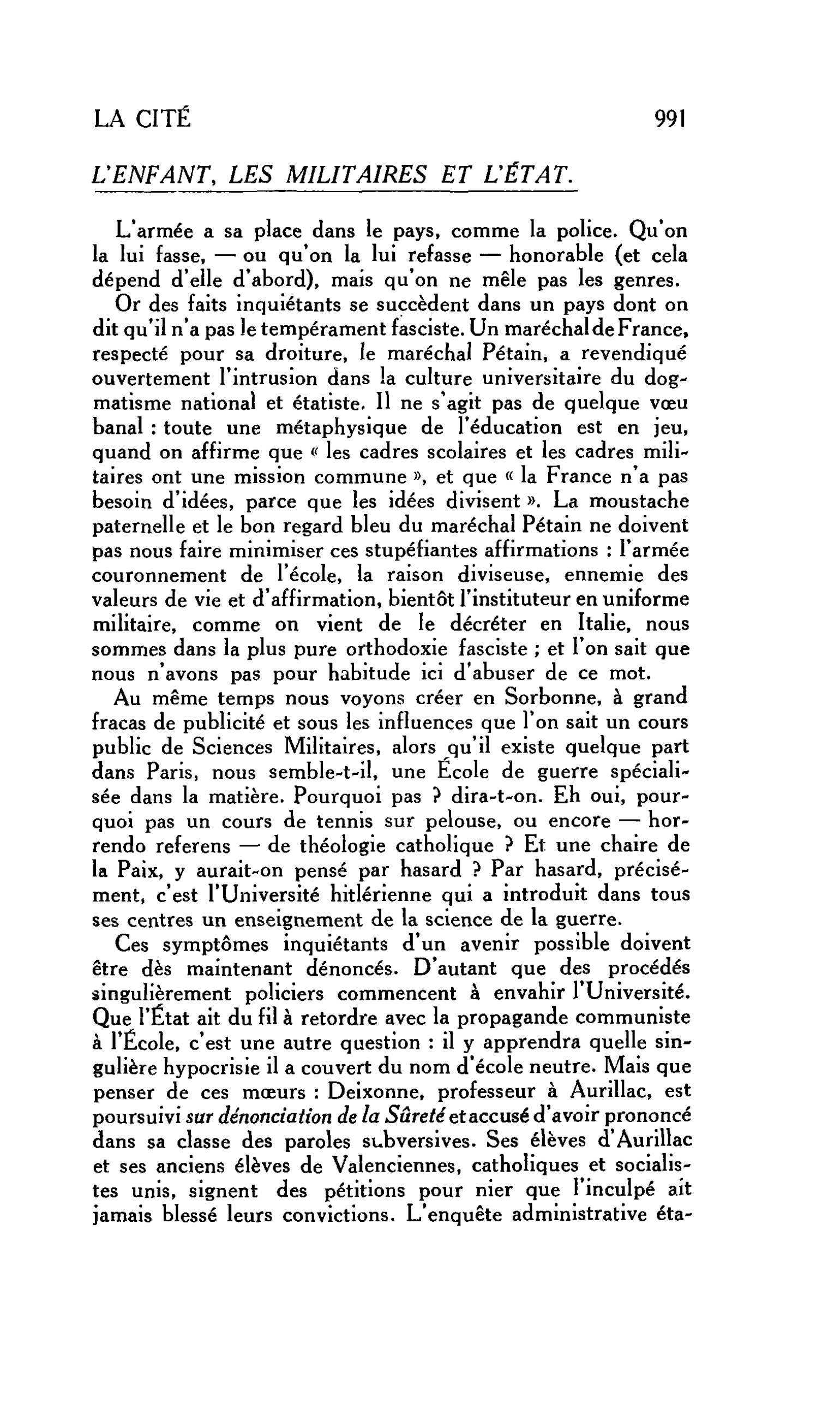 LA CITÉ : L’ENFANT, LES MILITAIRES ET L’ÉTAT