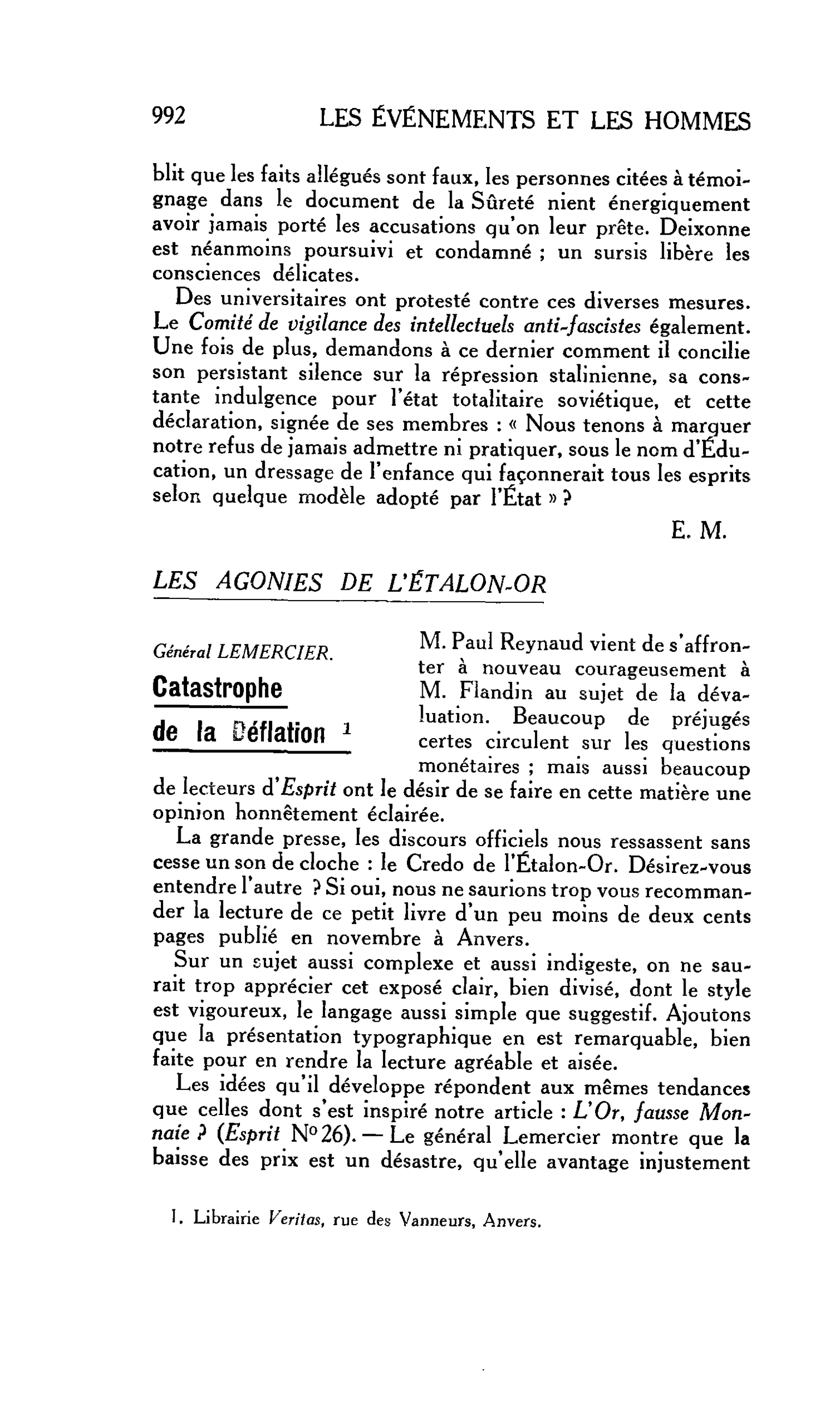 LA CITÉ : LES AGONIES DE L’ÉTALON-OR. Général LEMERCIER. Catastrophe de la Déflation