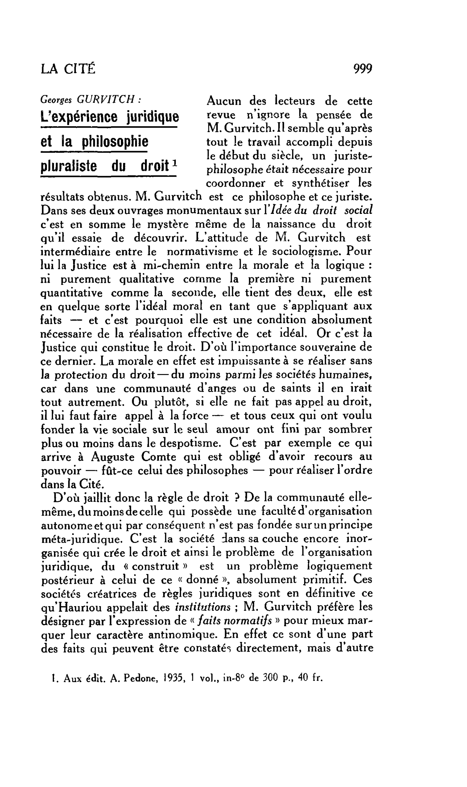 La Cité : Georges Gurvitch : L’expérience juridique et la philosophie pluraliste du droit