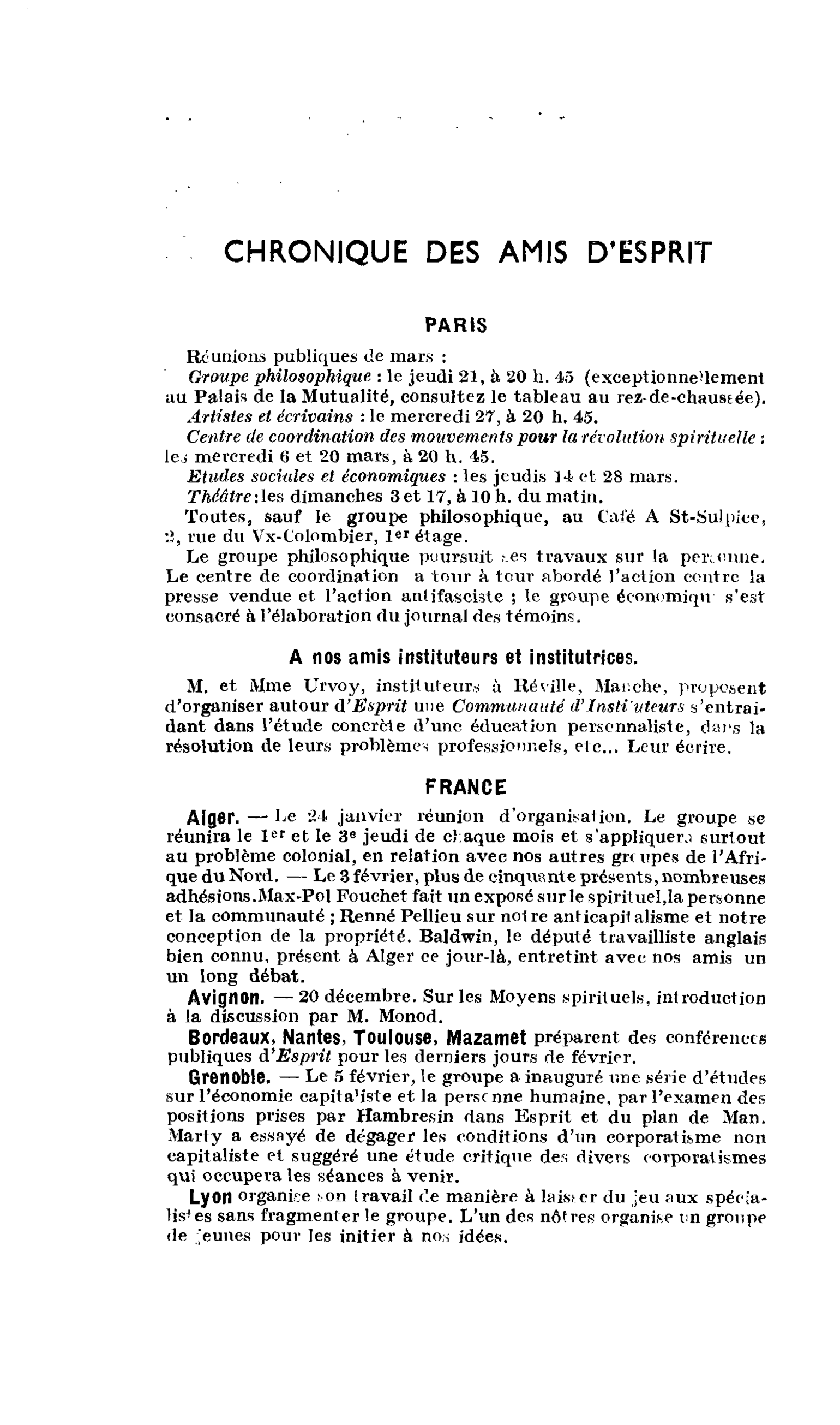 CHRONIQUE DES AMIS D’ESPRIT
