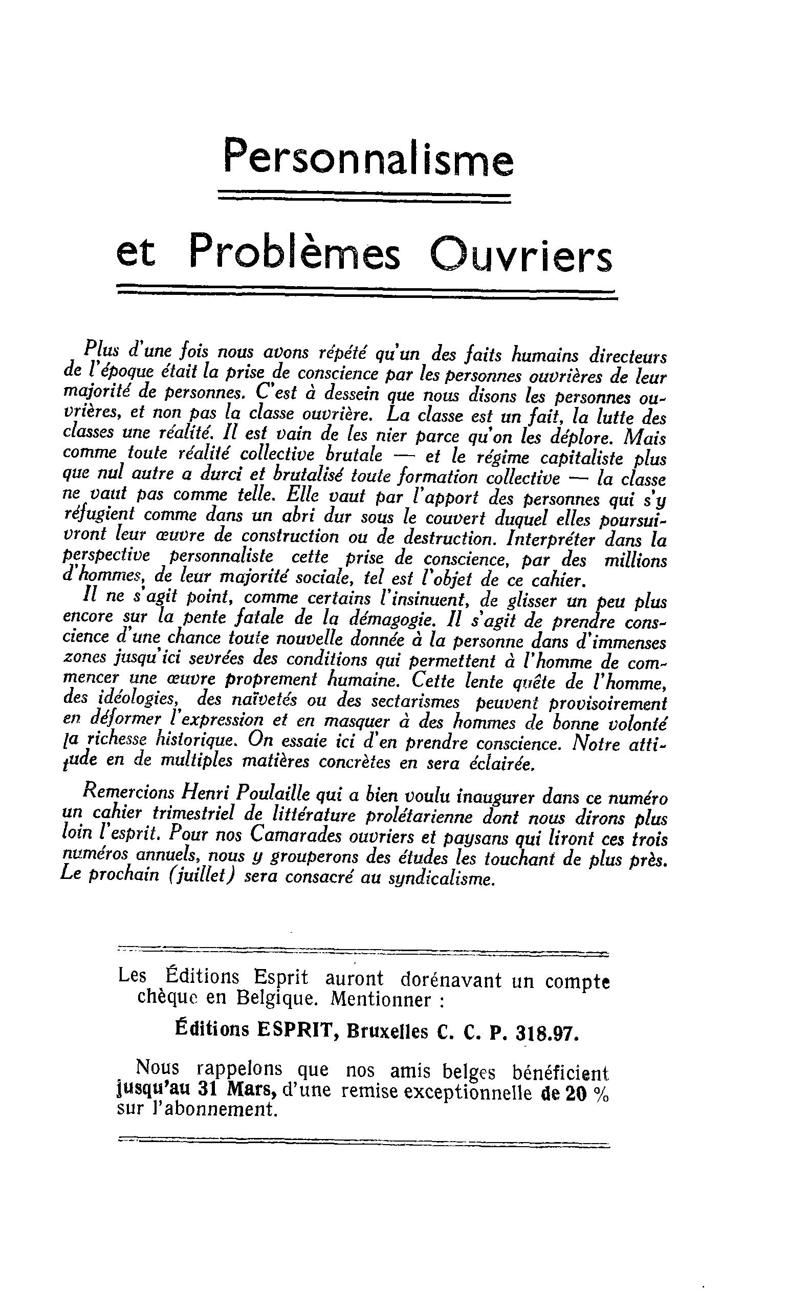 Personnalisme et Problèmes Ouvriers