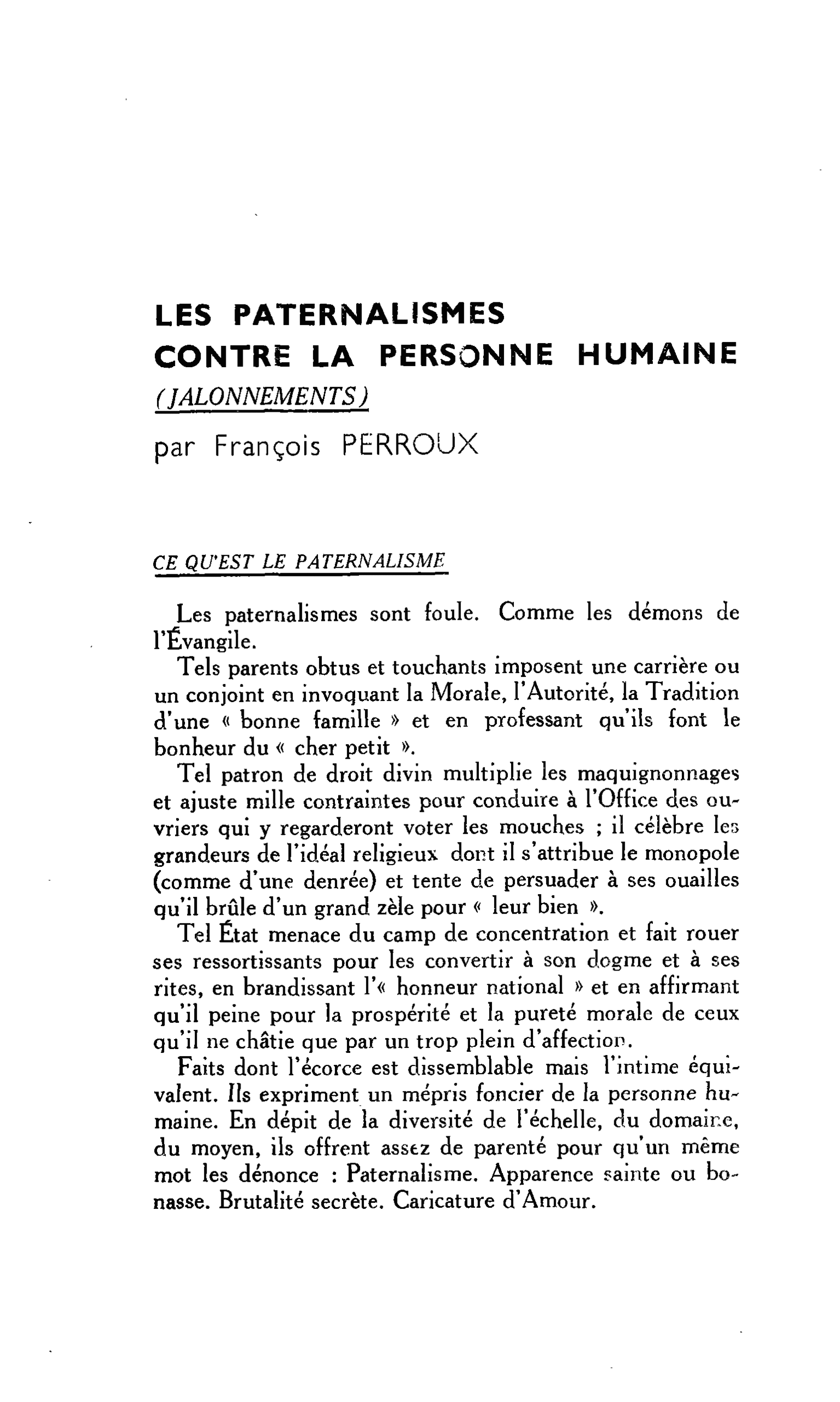 LES PATERNALISMES CONTRE LA PERSONNE HUMAINE (JALONNEMENTS)