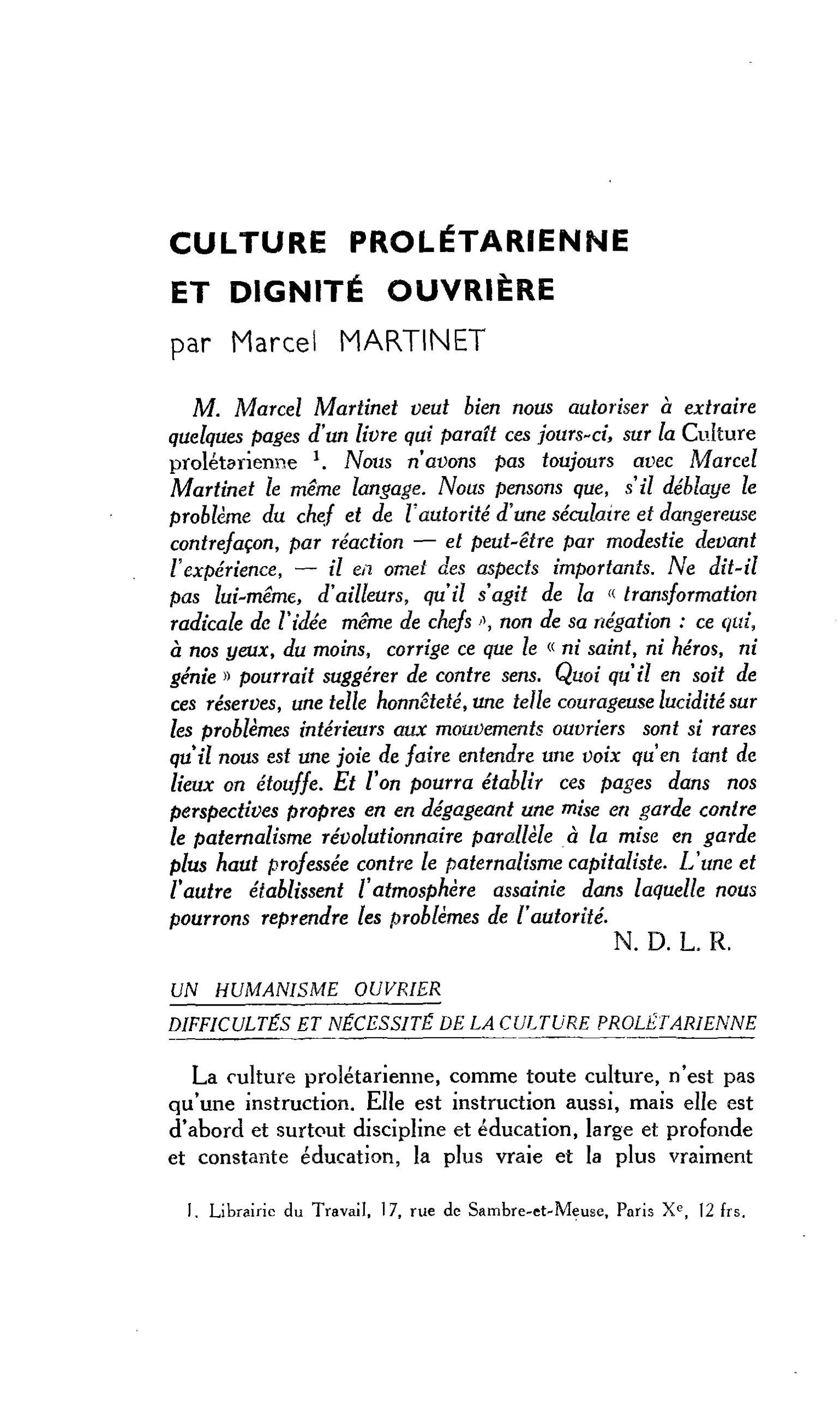 CULTURE PROLÉTARIENNE ET DIGNITÉ OUVRIÈRE