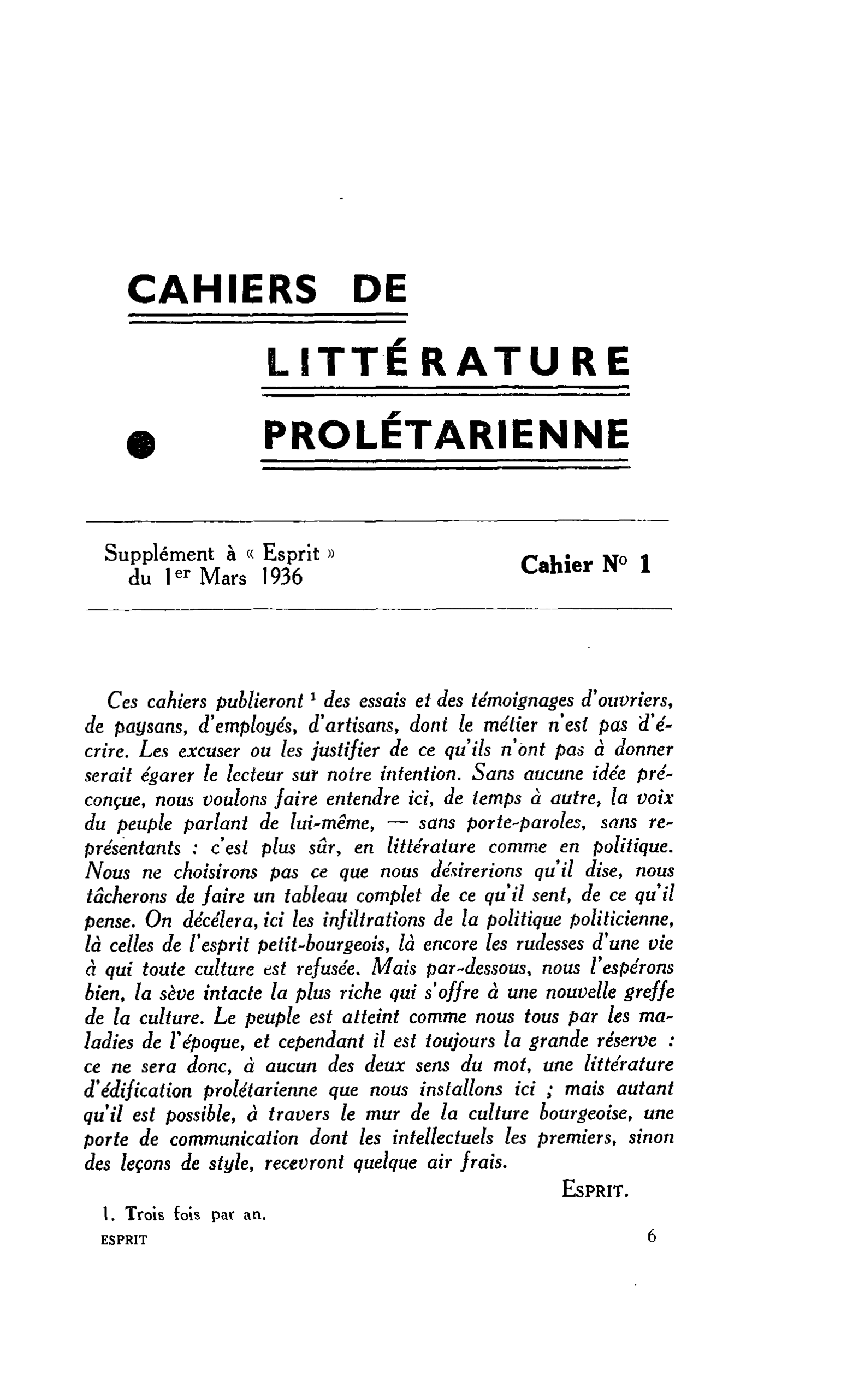 CAHIERS DE LITTÉRATURE PROLÉTARIENNE