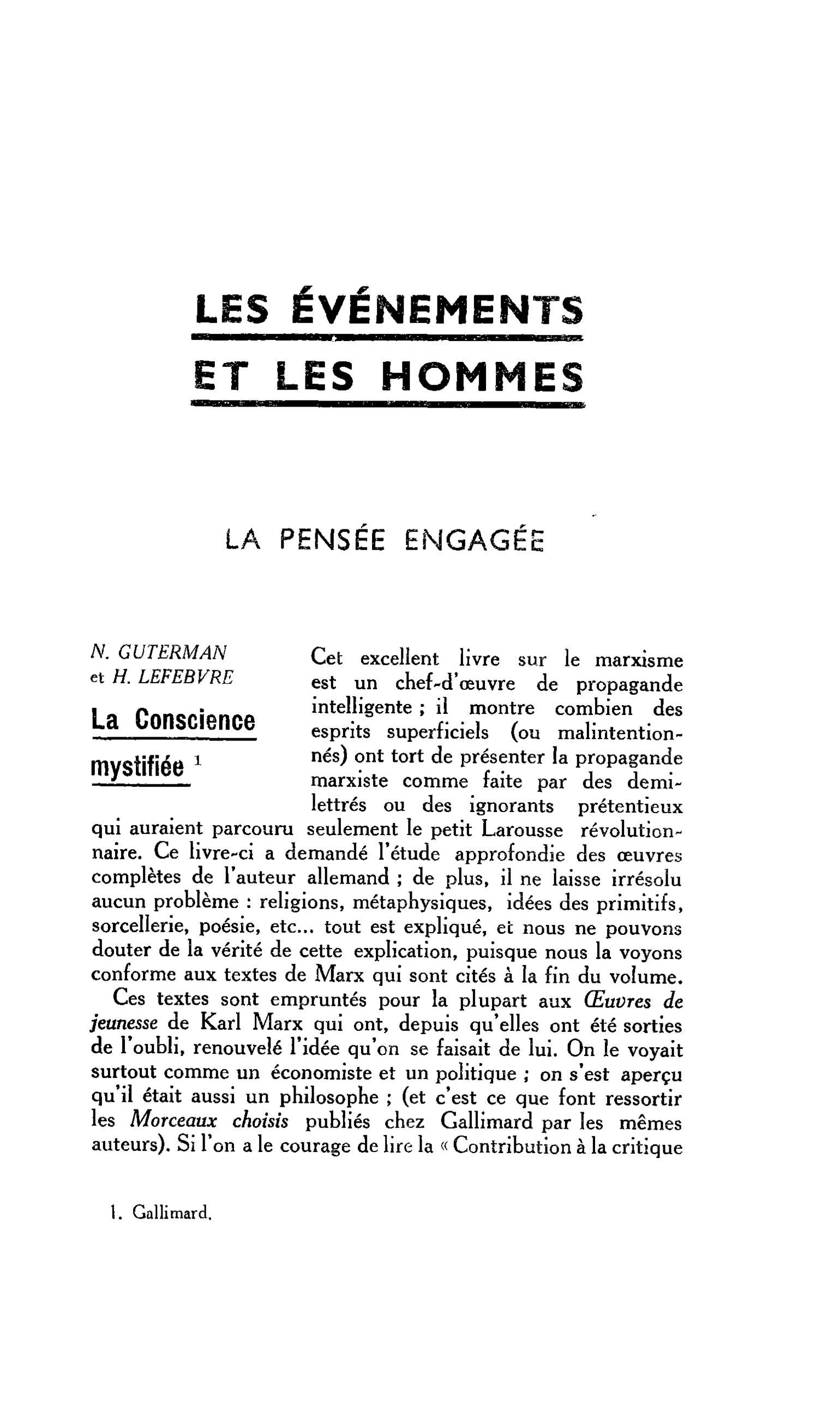 LA PENSÉE ENGAGÉE. N. GUTERMAN et H. LEFEBVRE : La Conscience mystifiée