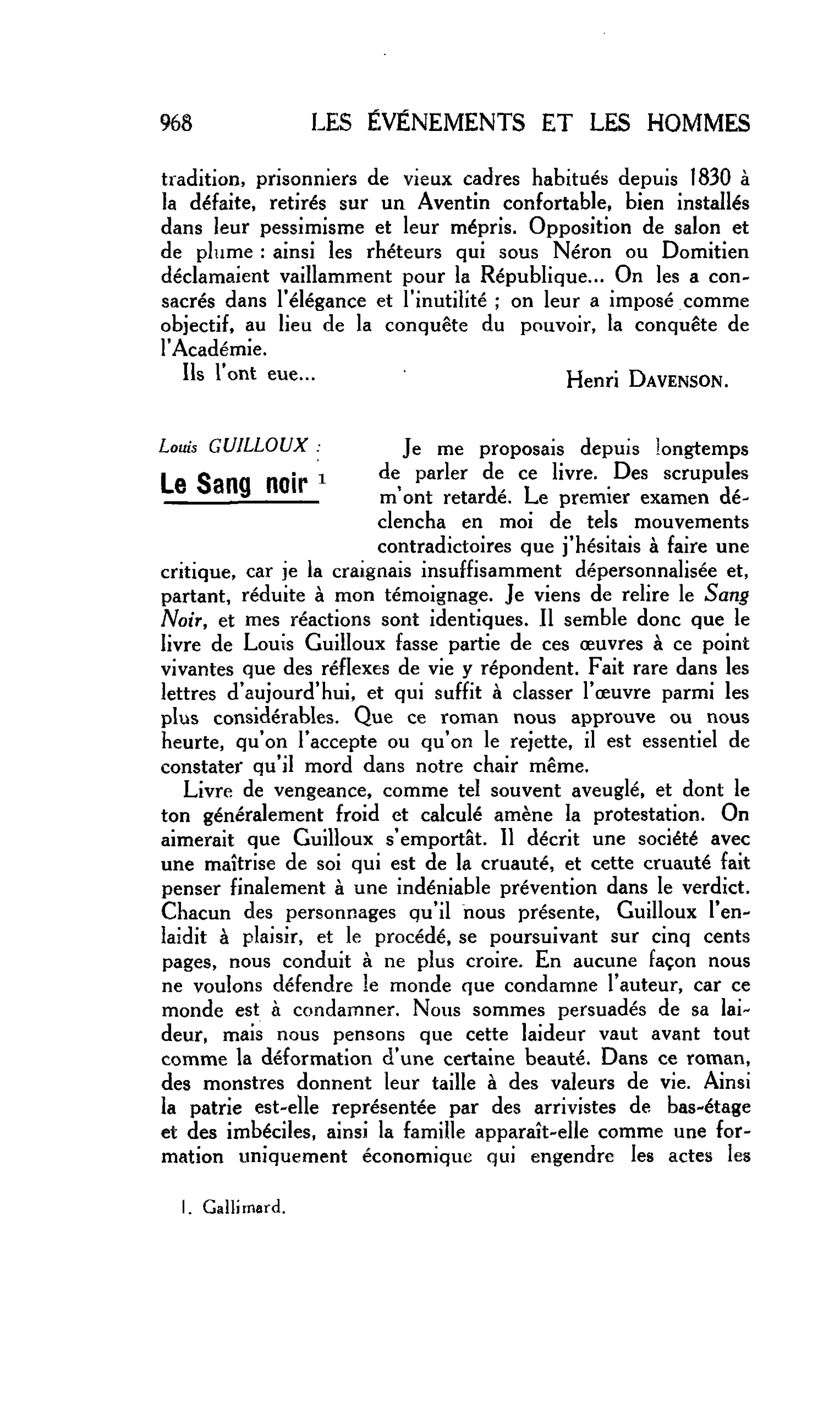 LES LETTRES. Louis GUILLOUX : Le Sang noir