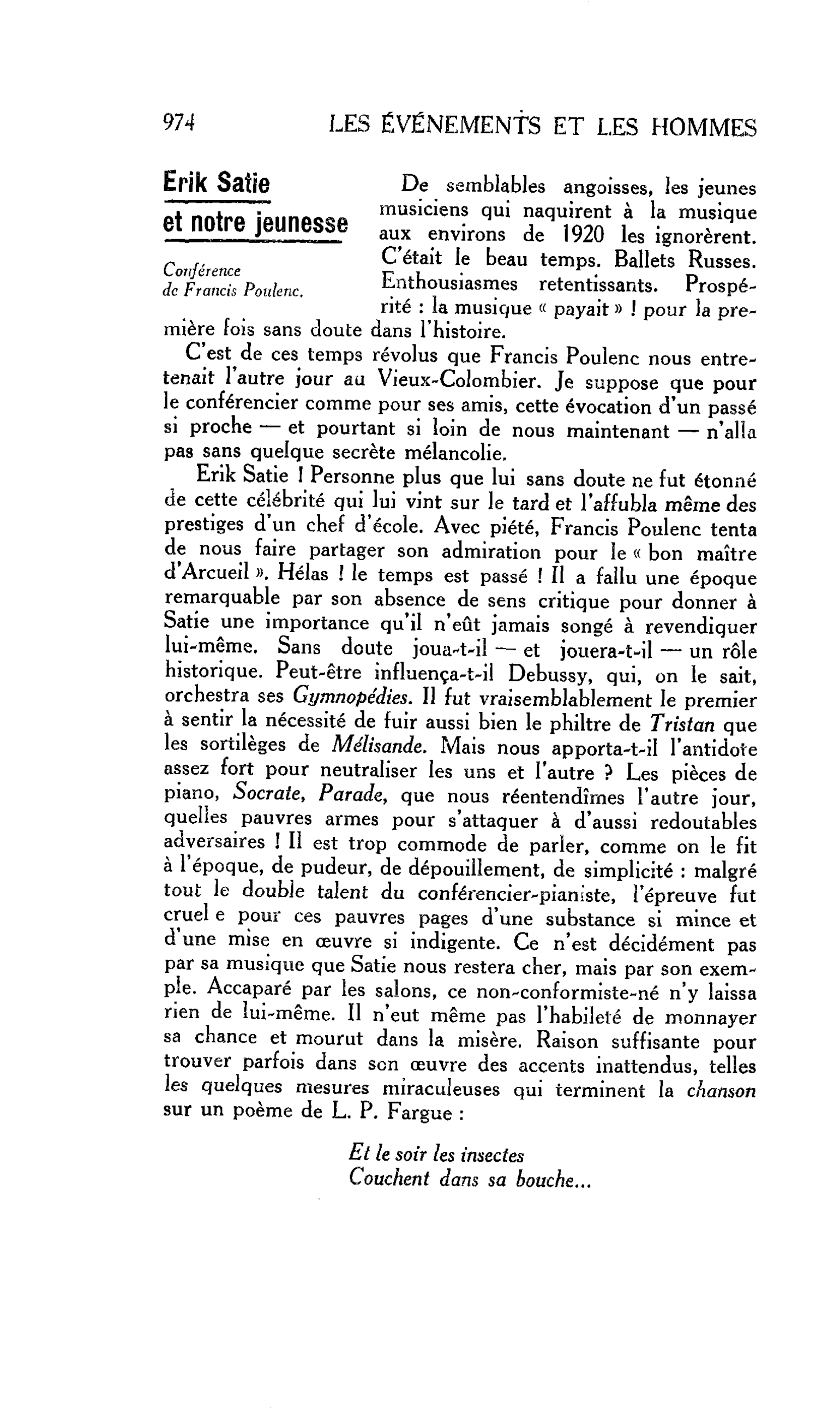 LES ARTS. Erik Satie et notre jeunesse. Conférence de Francis Poulenc