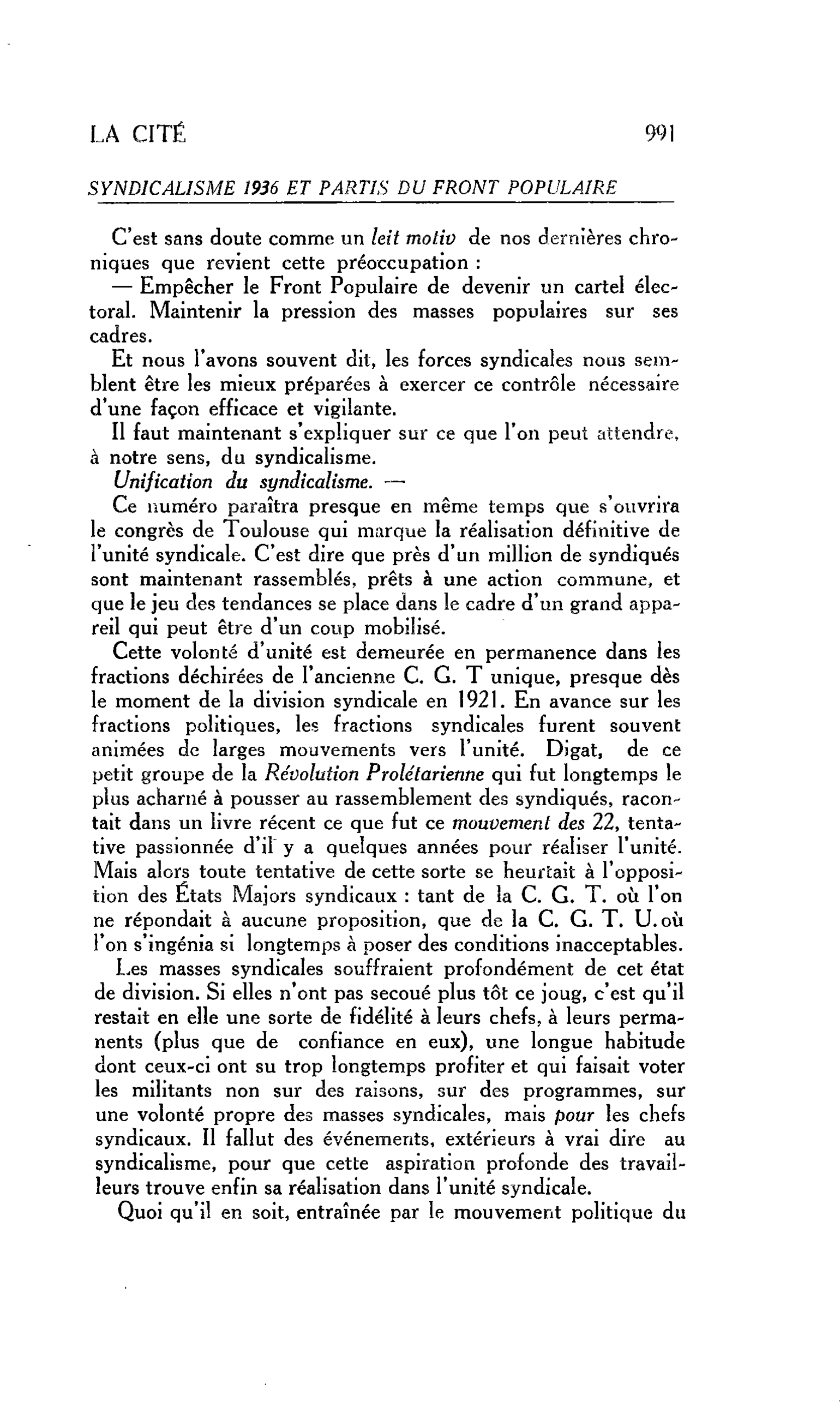 LA CITÉ : SYNDICALISME 1936 ET PARTIS DU FRONT POPULAIRE