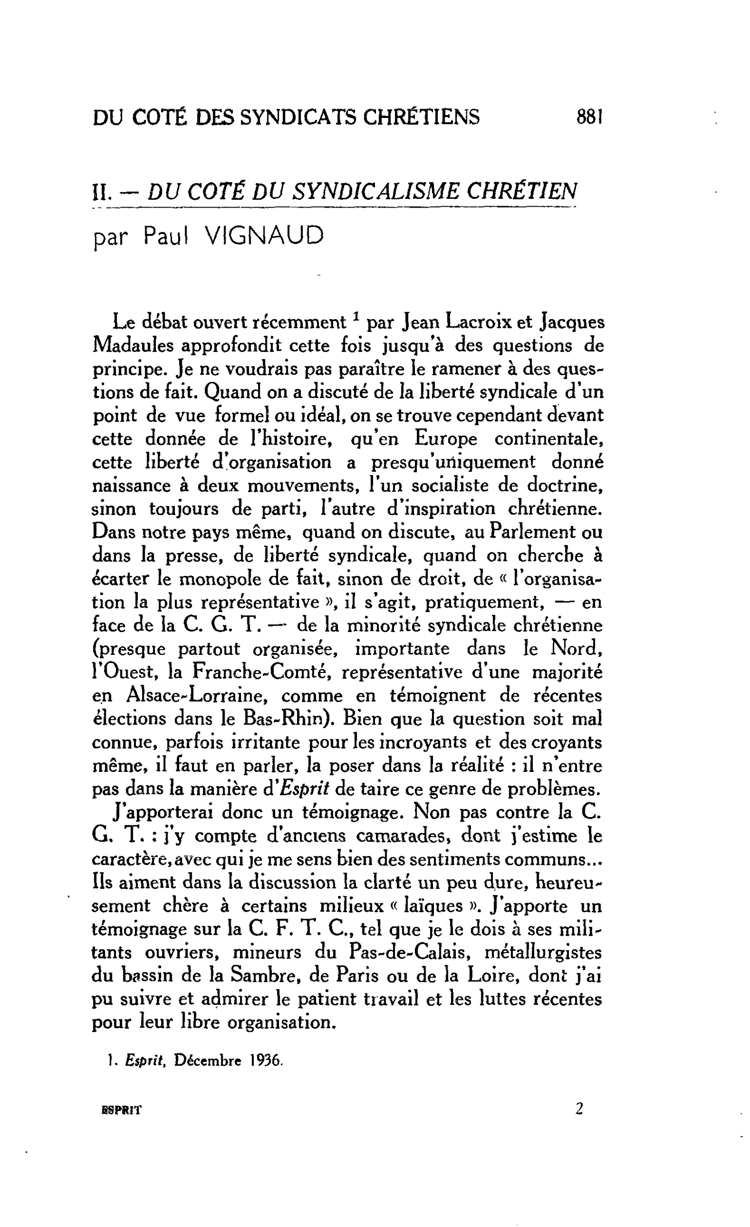 II. - DU COTÉ DU SYNDICALISME CHRÉTIEN