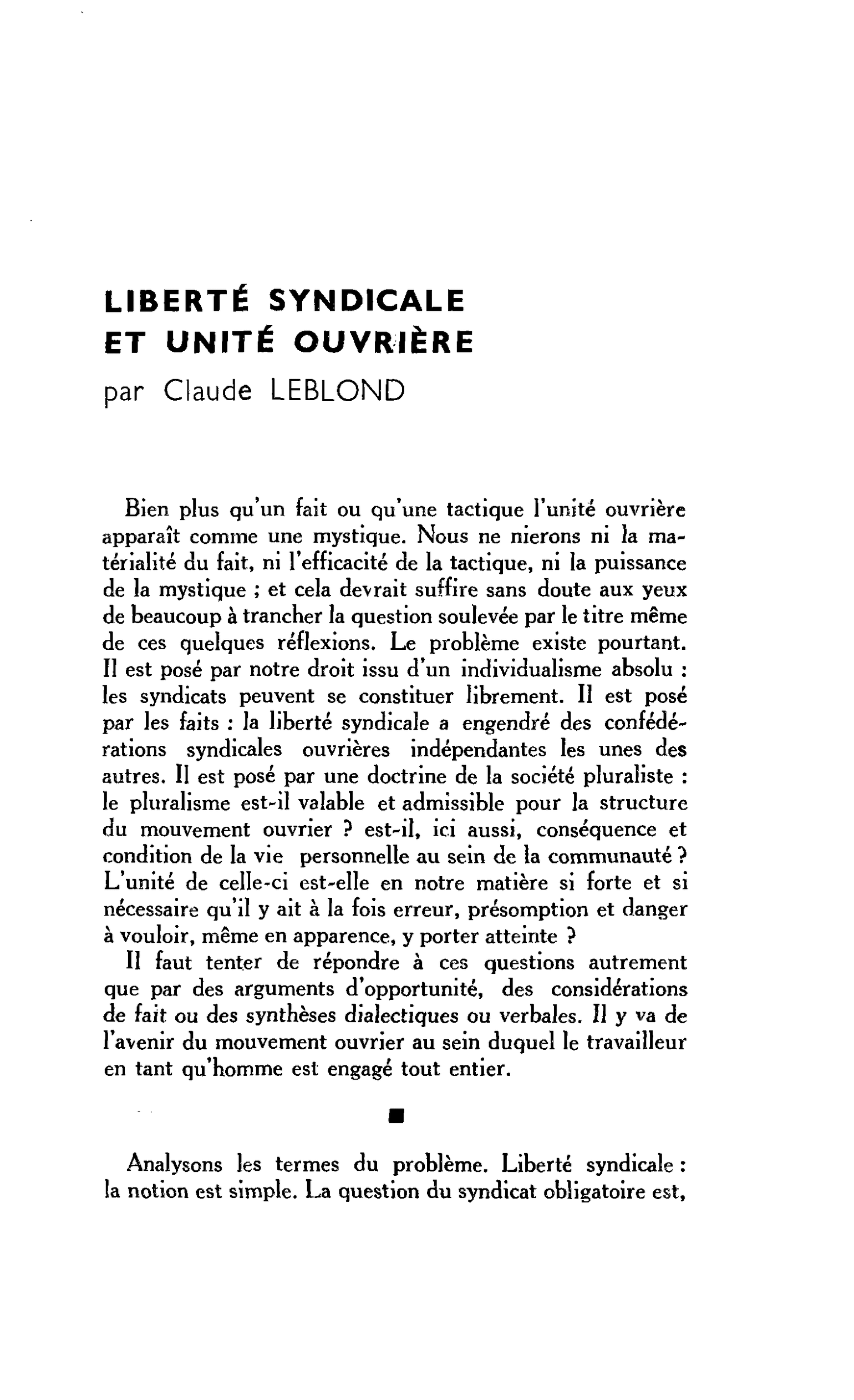 LIBERTÉ SYNDICALE ET UNITÉ OUVRIÈRE