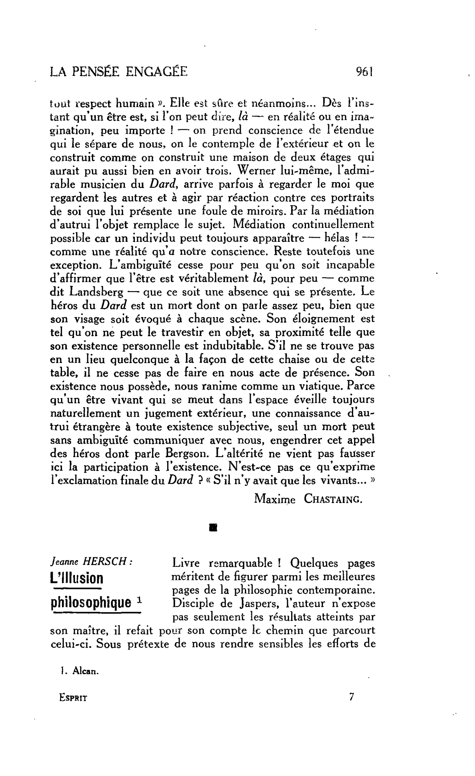 LA PENSÉE ENGAGÉE. Jeanne HERSCH : L’Illusion philosophique