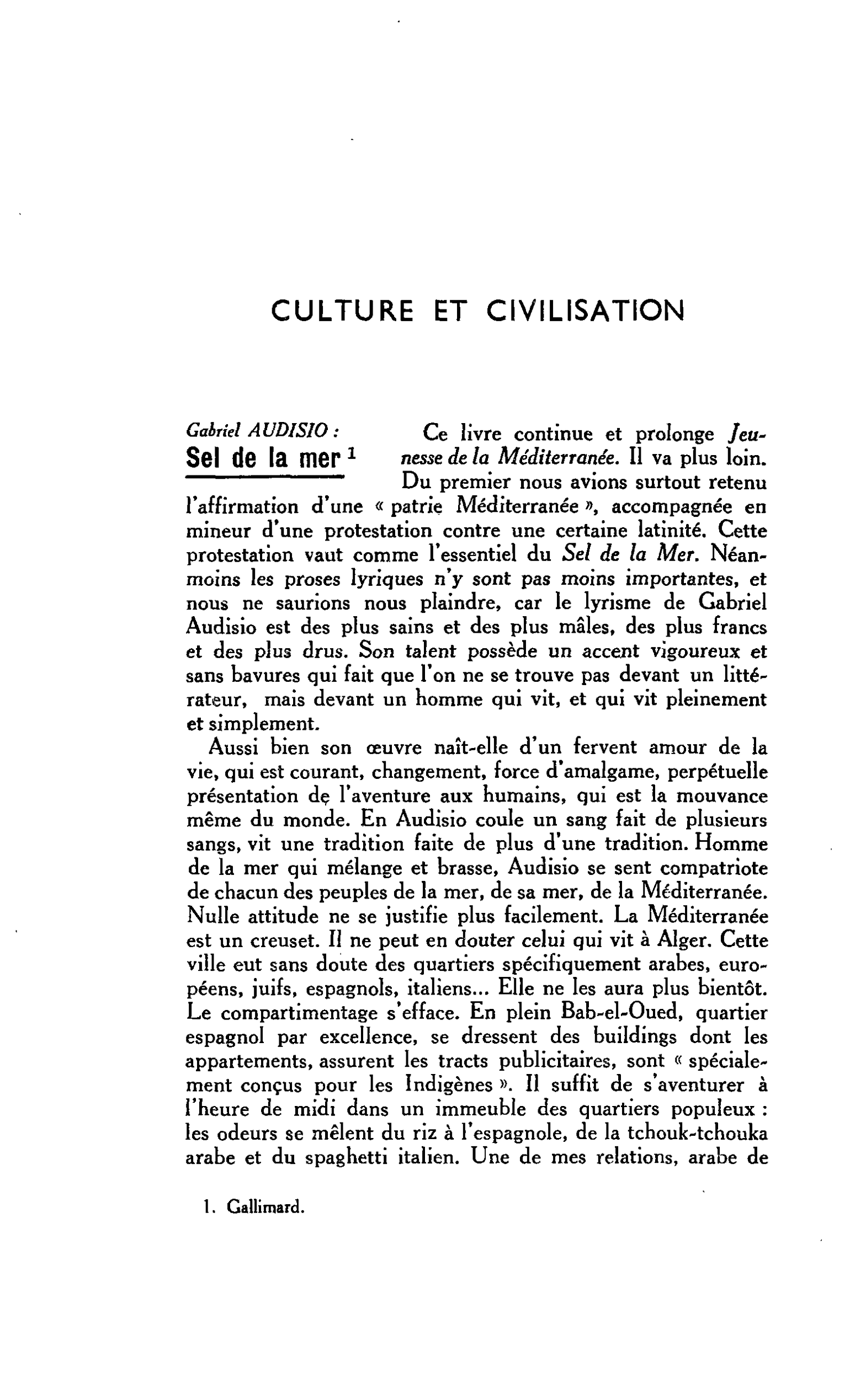 CULTURE ET CIVILISATION. Gabriel AUDISIO : Sel de la mer