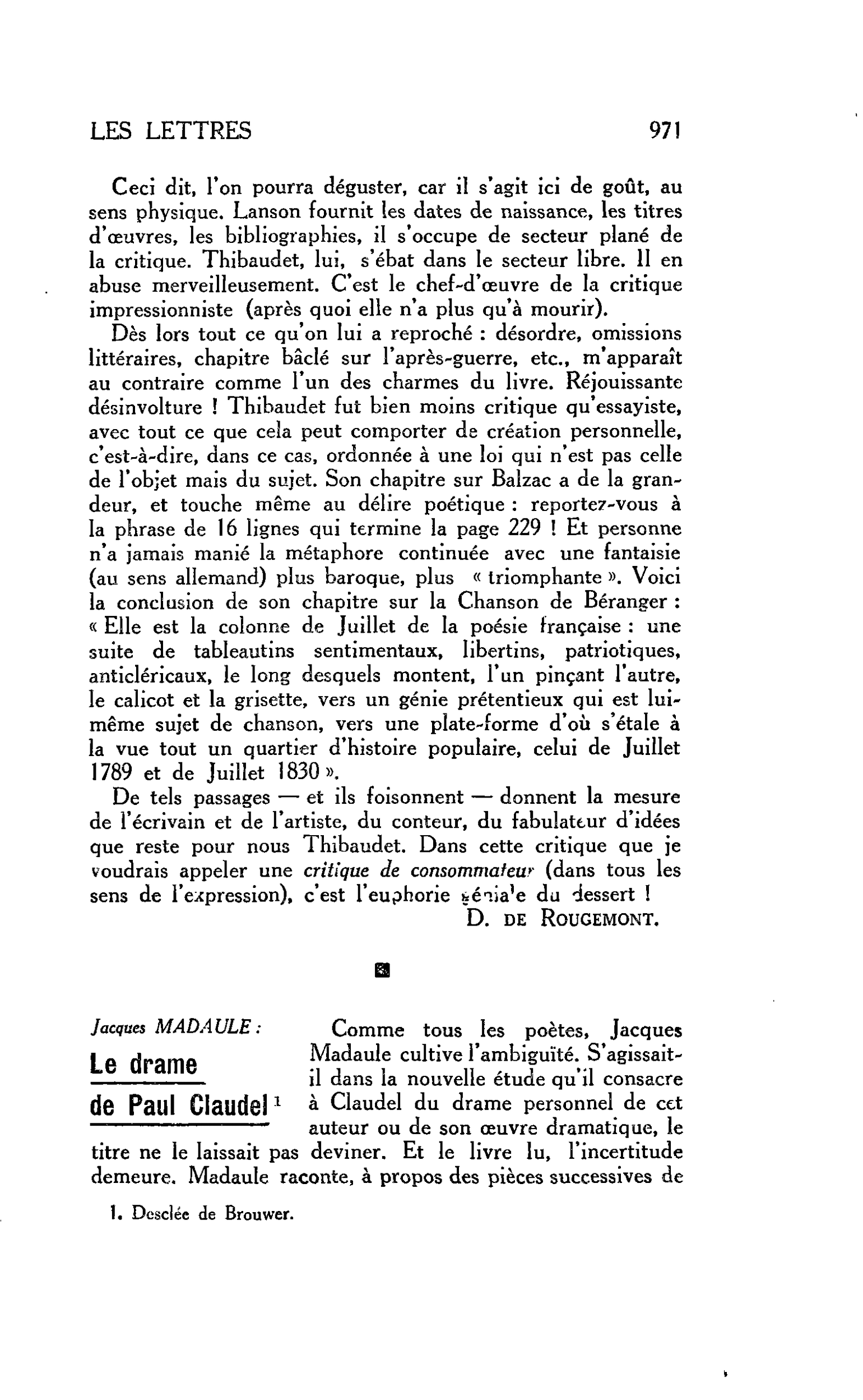 LES LETTRES. Jacques MADAULE : Le drame de Paul Claudel