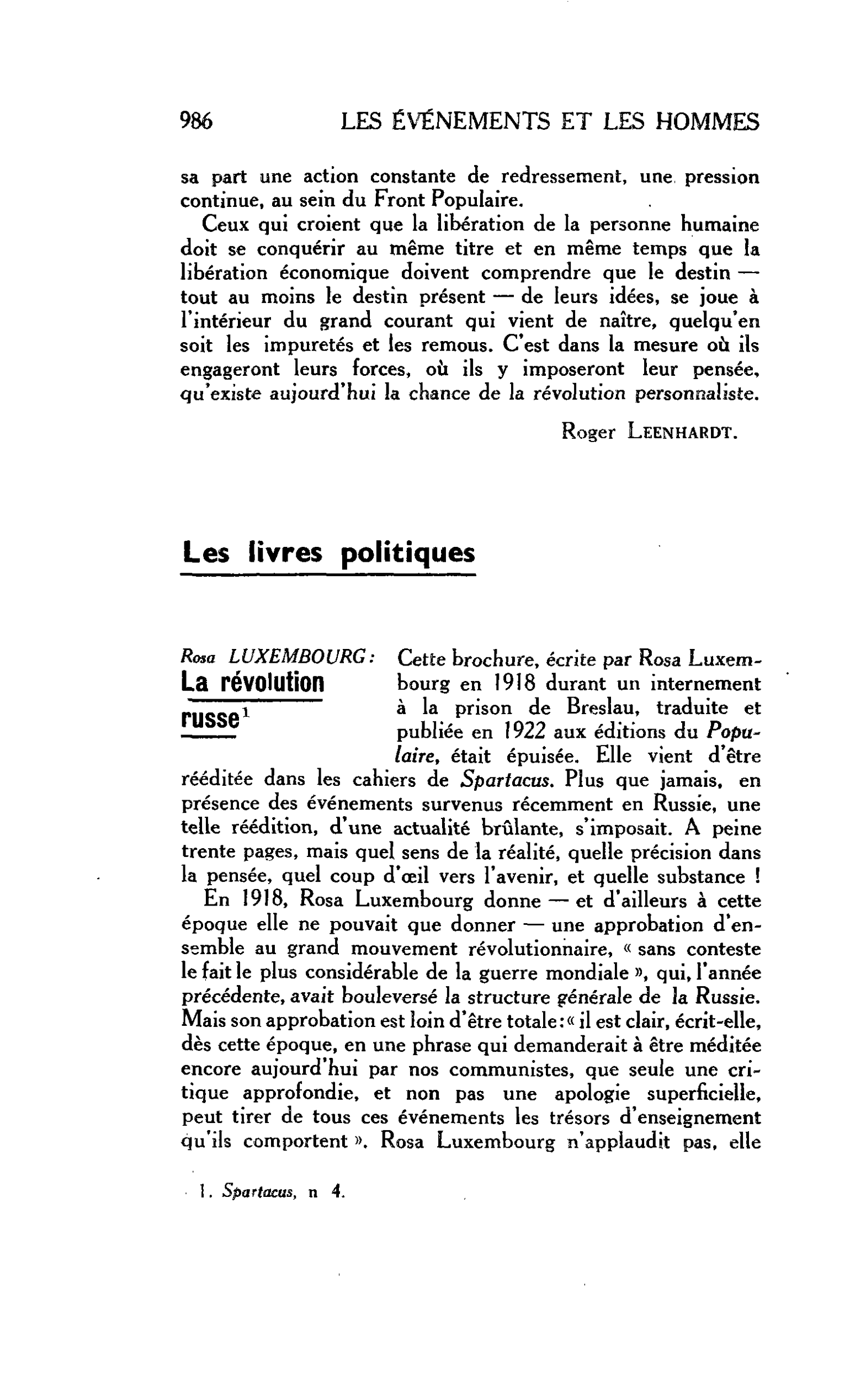 LA CITÉ. Les livres politiques. Rosa LUXEMBOURG: La révolution russe