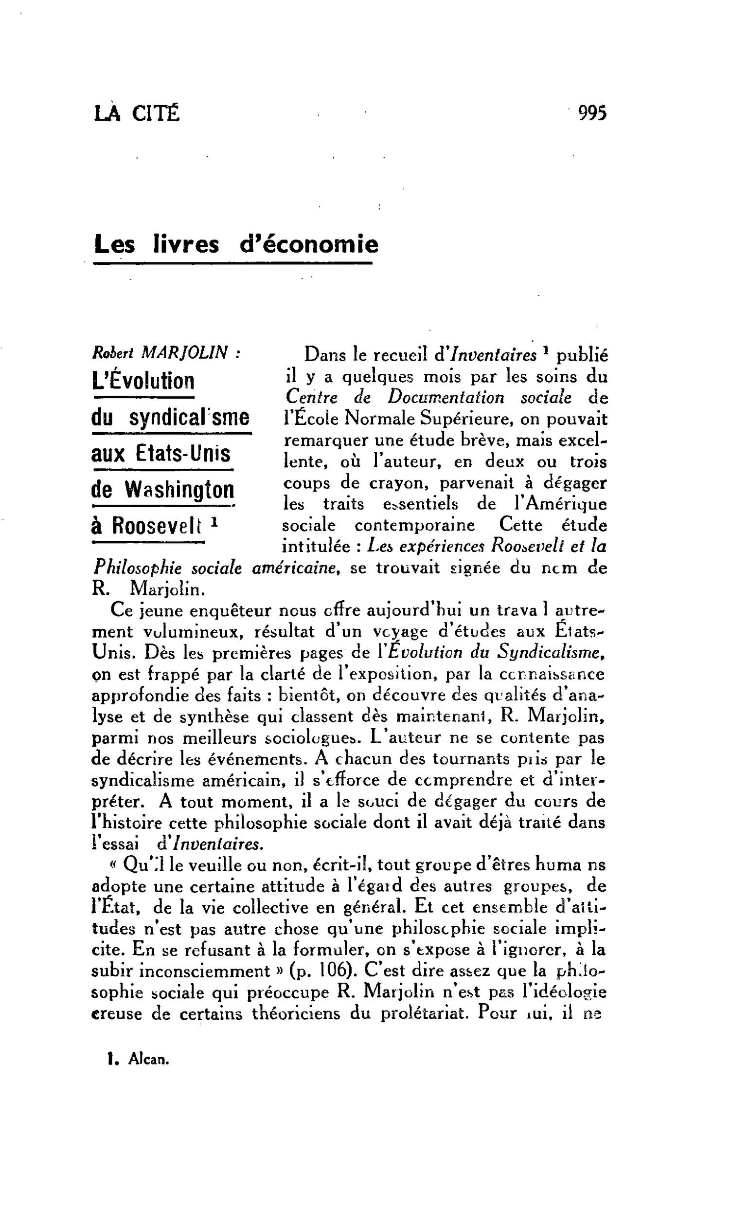 LA CITÉ. Les livres d’économie. Robert MARJOLIN : L’Évolution du syndicalisme aux Etats-Unis de Washington à Roosevelt