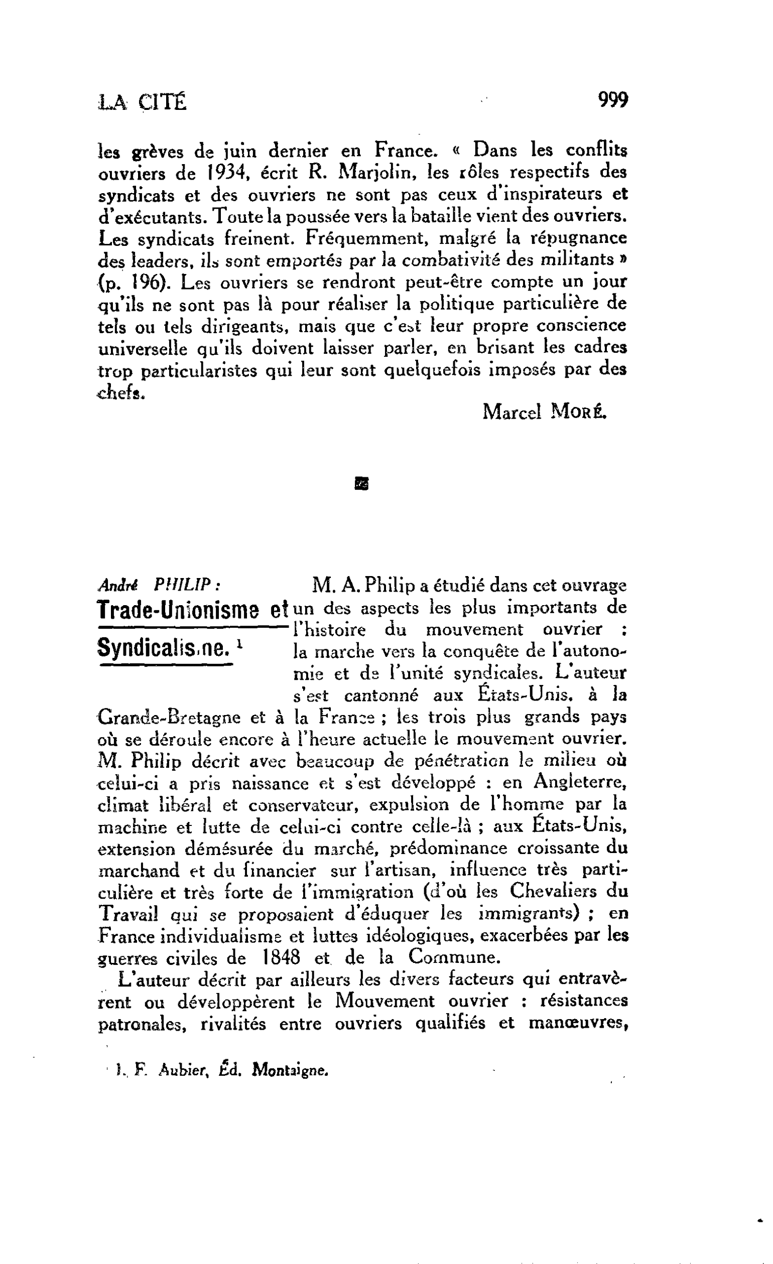 LA CITÉ. André PHILIP: Trade-Unionisme et Syndicalisme