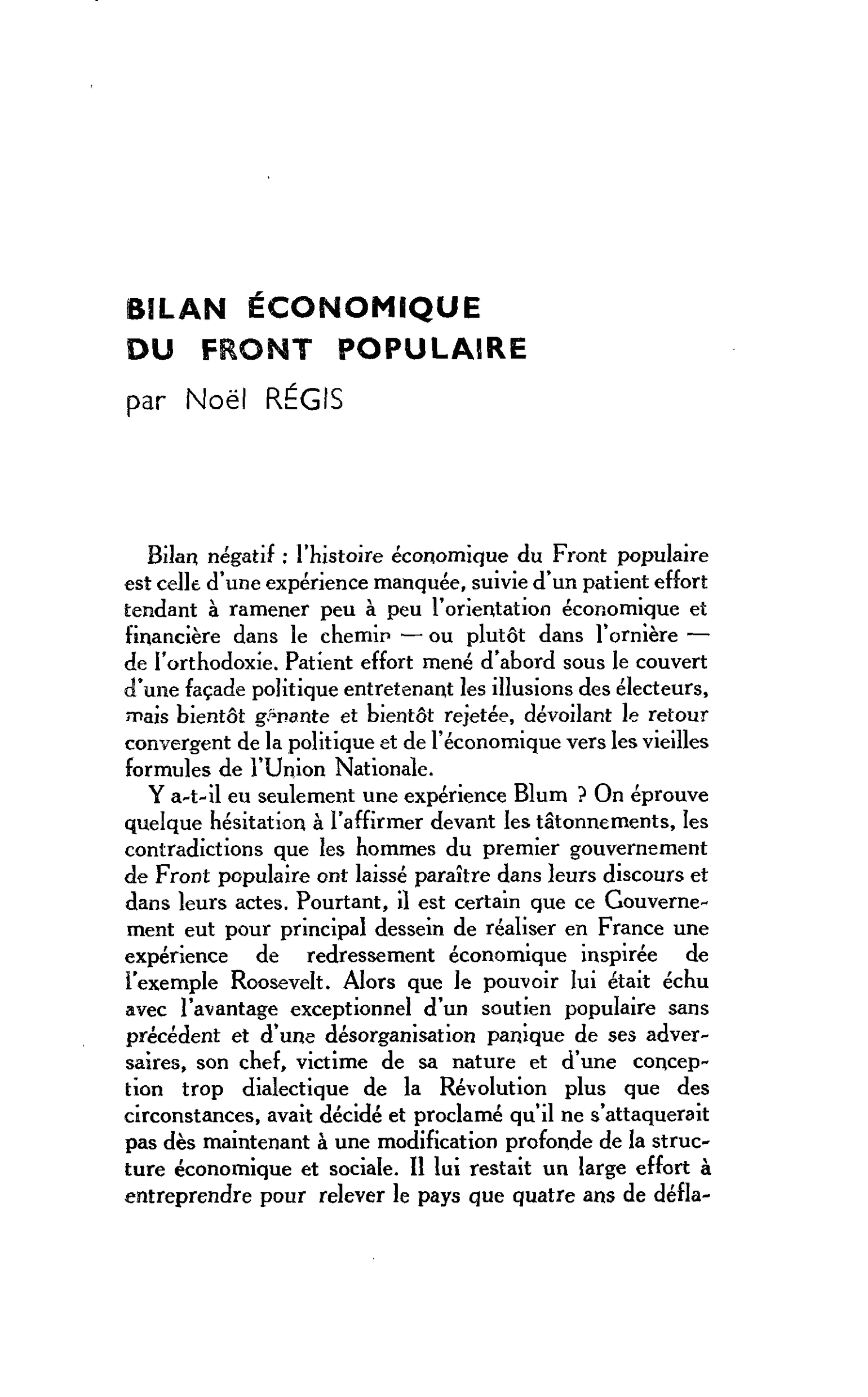 BILAN ÉCONOMIQUE DU FRONT POPULAIRE