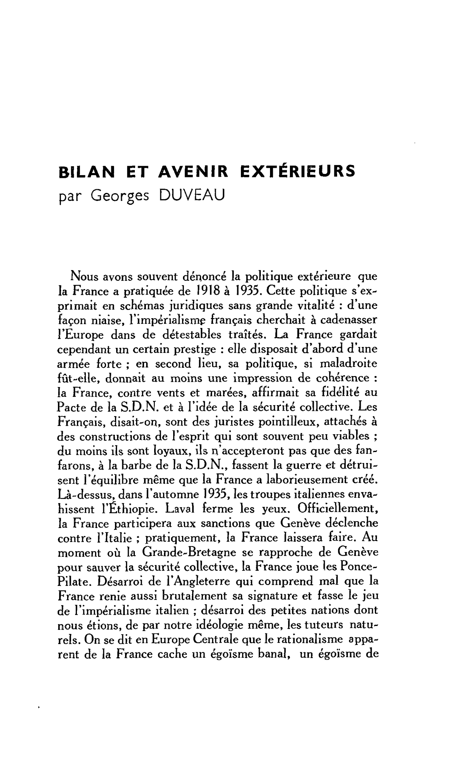BILAN ET AVENIR EXTÉRIEURS