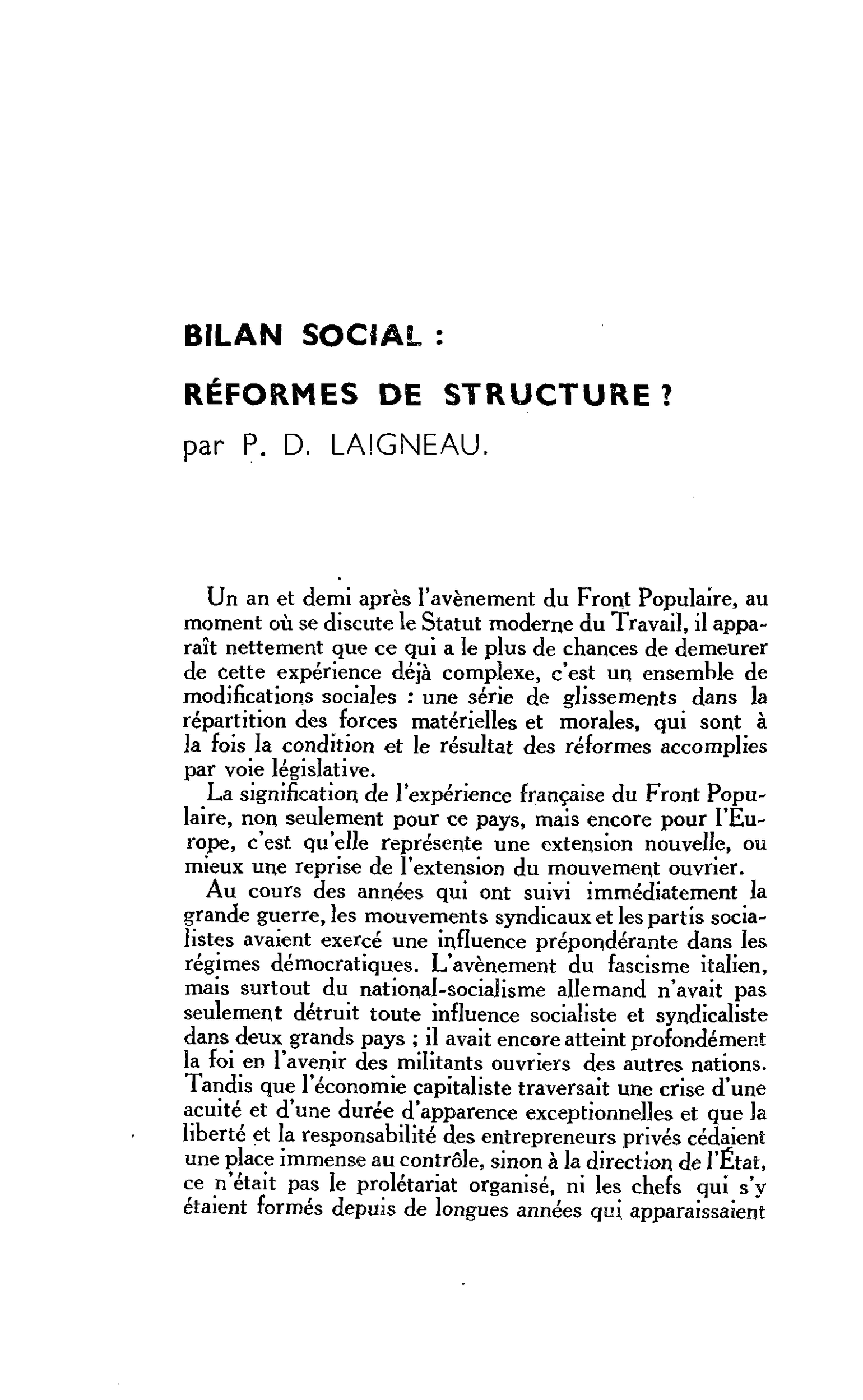 BILAN SOCIAL : RÉFORMES DE STRUCTURE ?