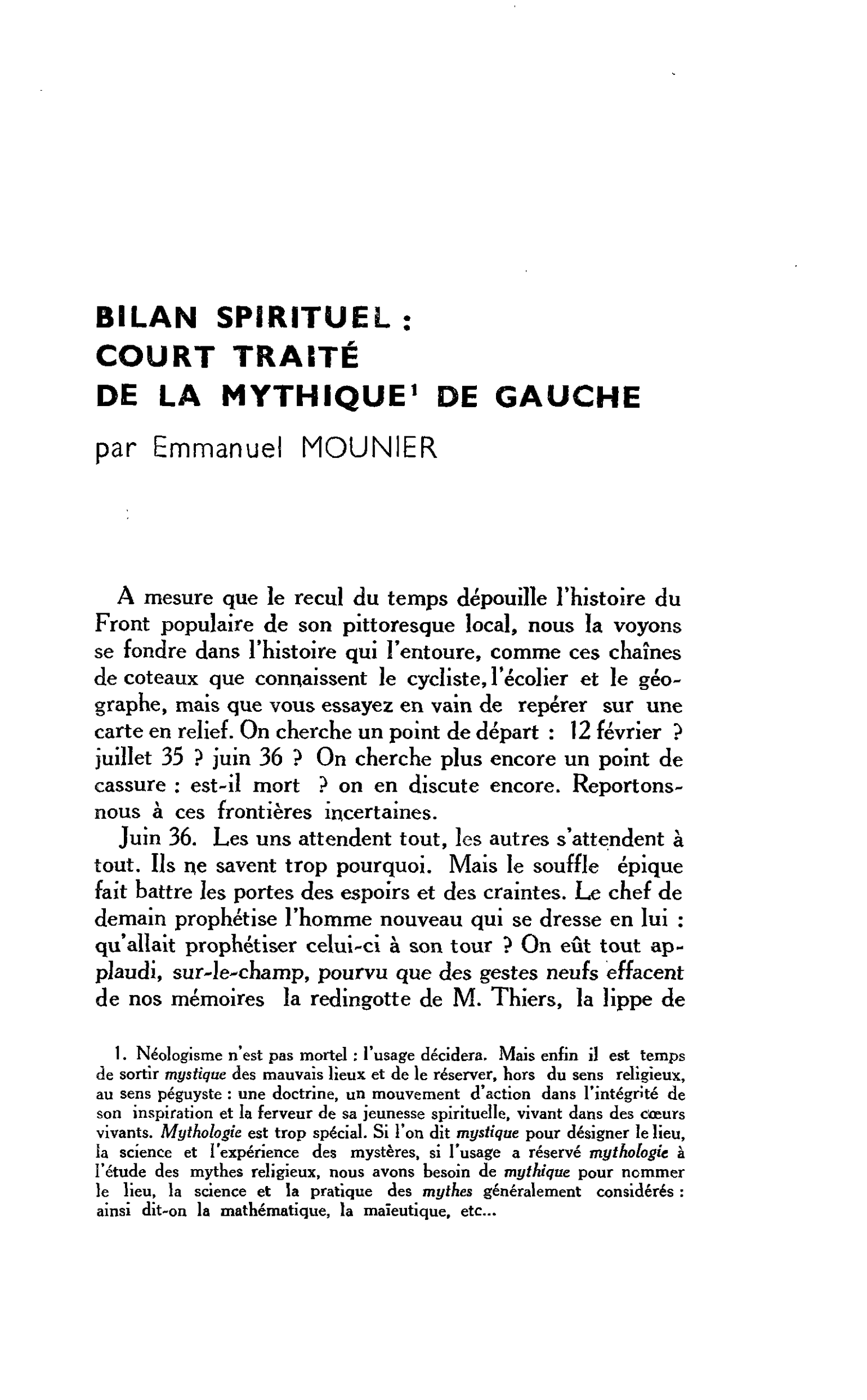 BILAN SPIRITUEL : COURT TRAITÉ DE LA MYTHIQUE DE GAUCHE