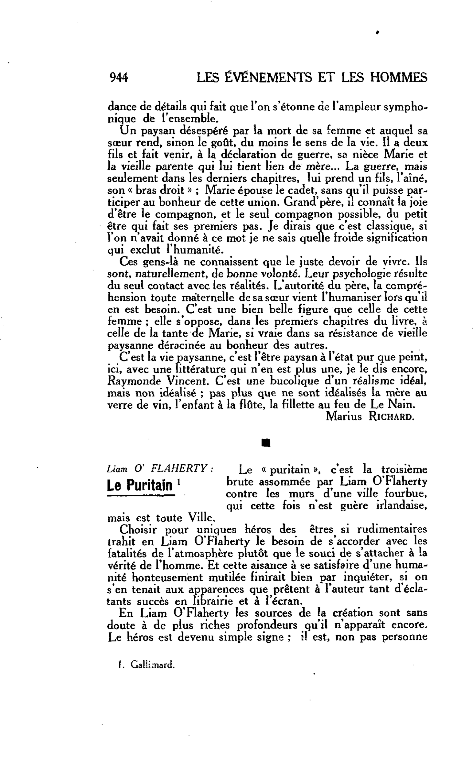 LES LETTRES. Liam O’ FLAHERTY : Le Puritain
