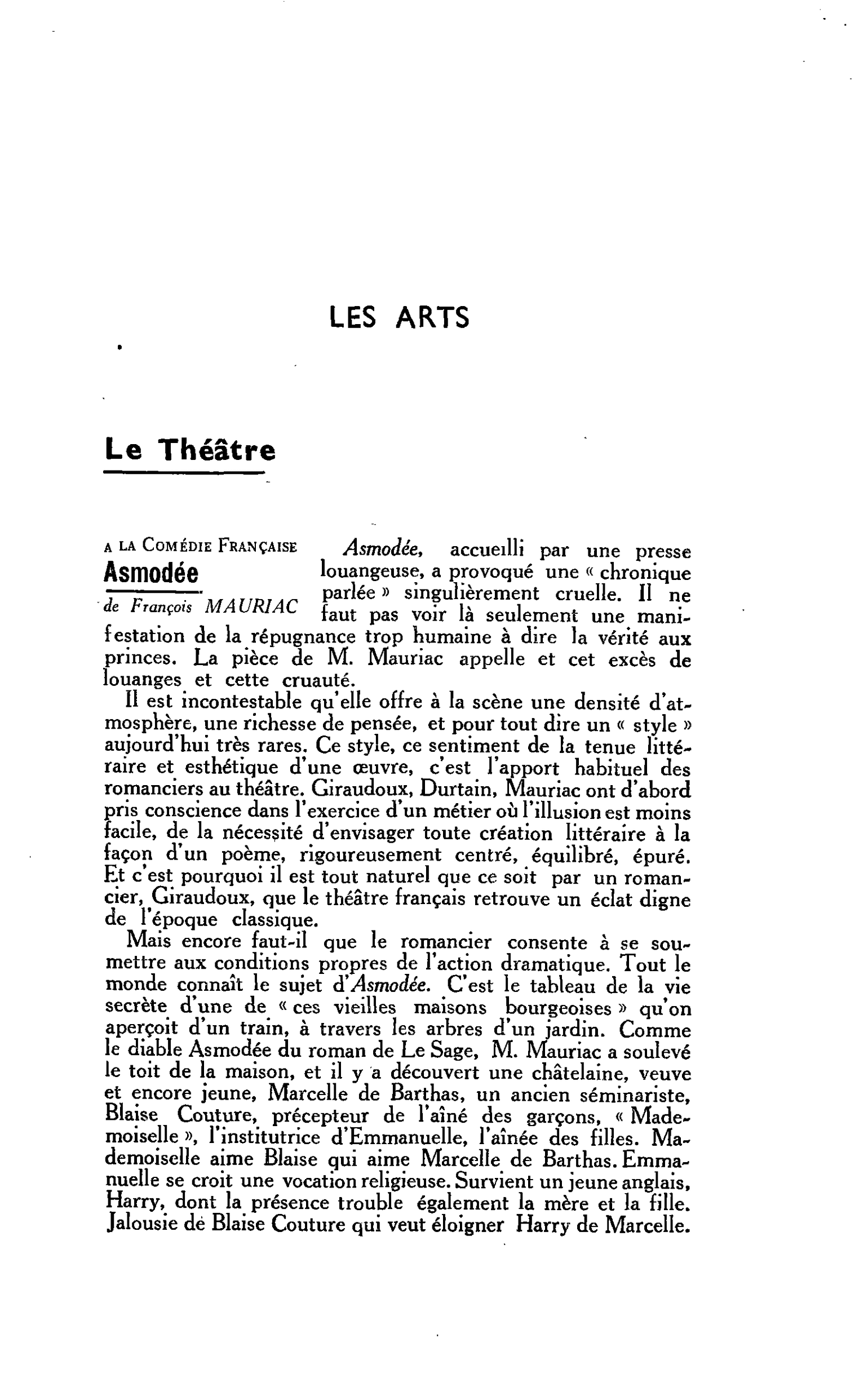 LES ARTS : Le Théâtre : a la Comédie Française, Asmodée de François MAURIAC