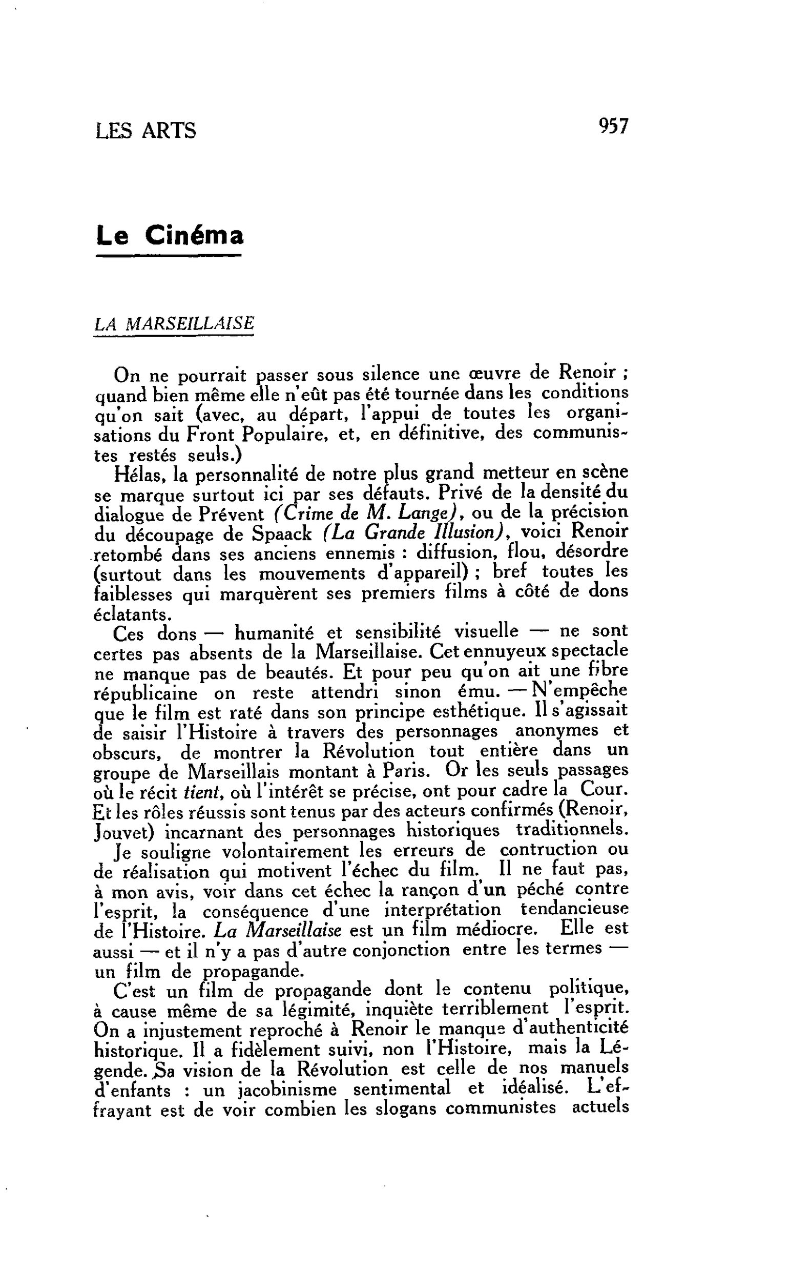 LES ARTS. Le Cinéma : LA MARSEILLAISE
